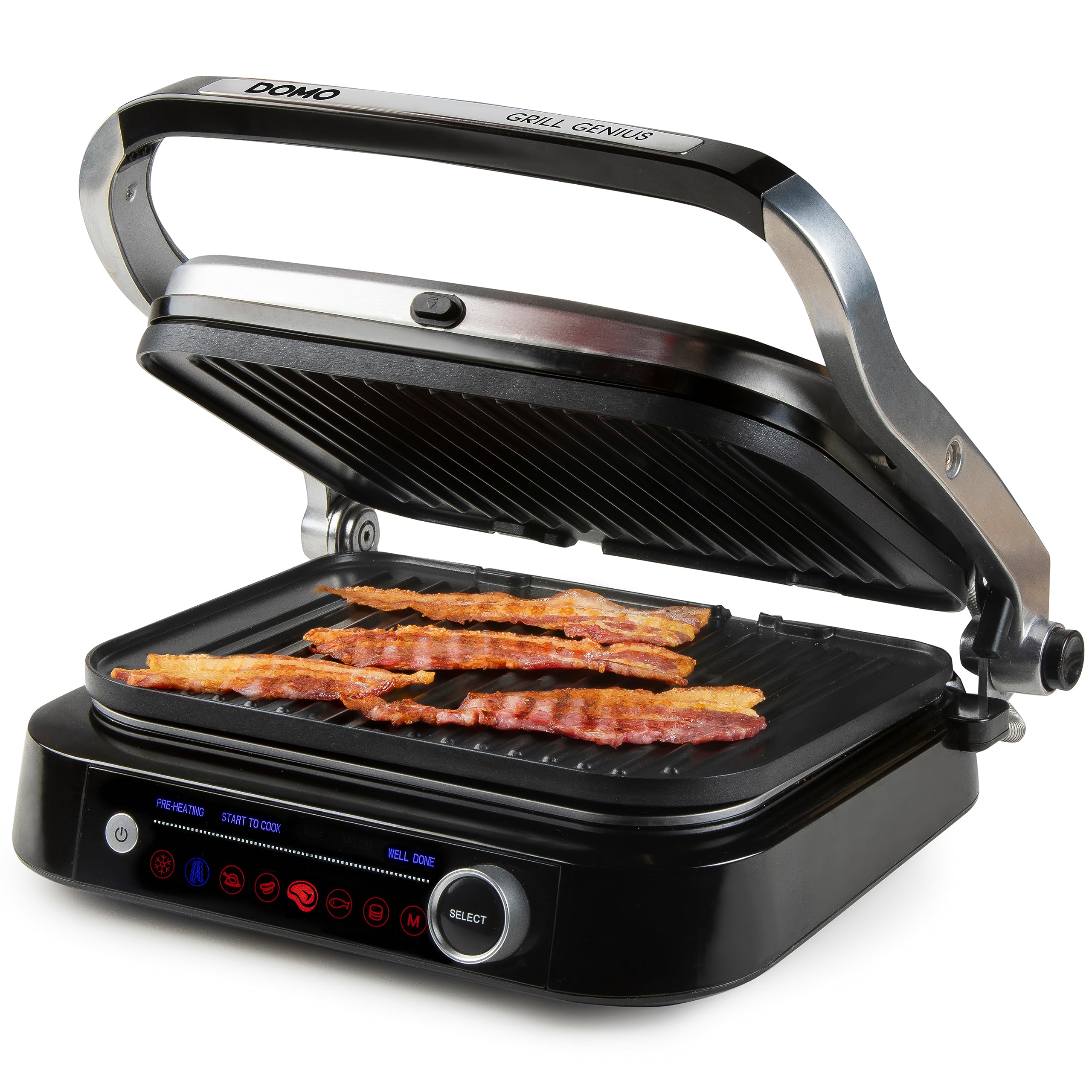 DOMO Genius elektryczny grill kontaktowy, powłoka nieprzywierająca, z wyświetlaczem ze stali nierdzewnej, czarny