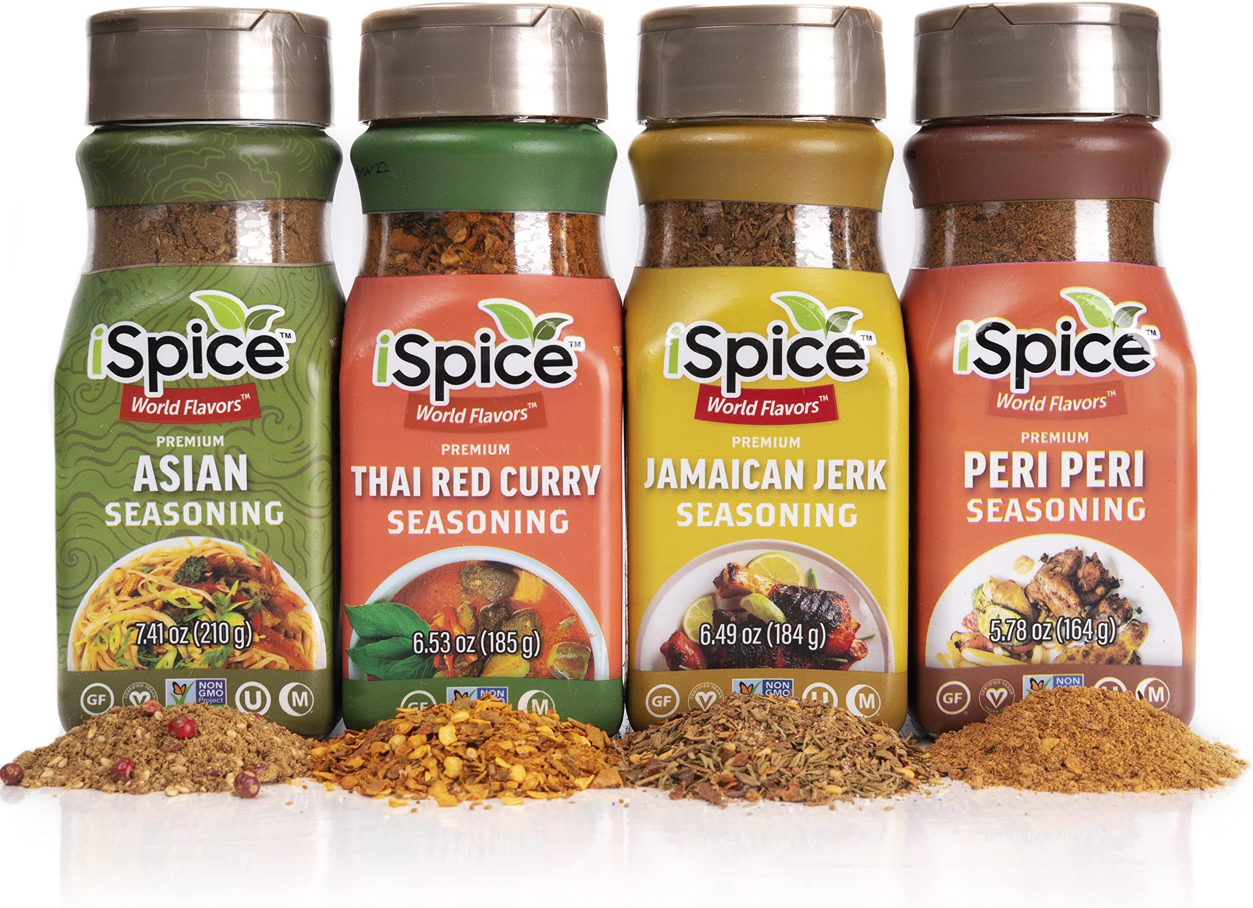iSpice - 4 Pack World Flavor Seasoning - All International | Contains 1 each: Jamaican Jerk, Thai Red Curry, Peri Peri and Asian WORLD FLAVORS PREMIUM SEASONINGS (4 Pack World Flavor Seasoning)