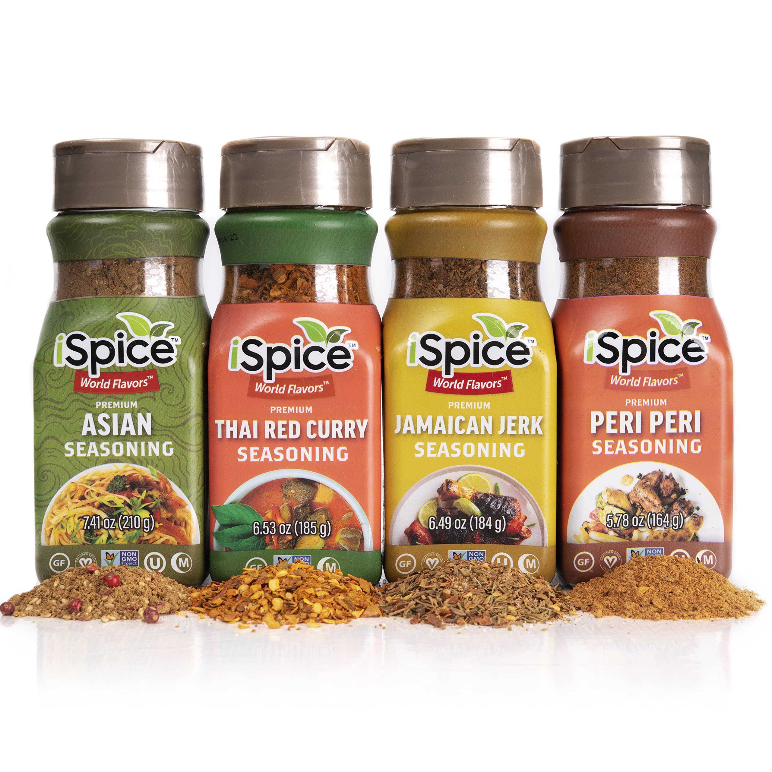 iSpice - 4 Pack World Flavor Seasoning - All International | Contains 1 each: Jamaican Jerk, Thai Red Curry, Peri Peri and Asian WORLD FLAVORS PREMIUM SEASONINGS (4 Pack World Flavor Seasoning)