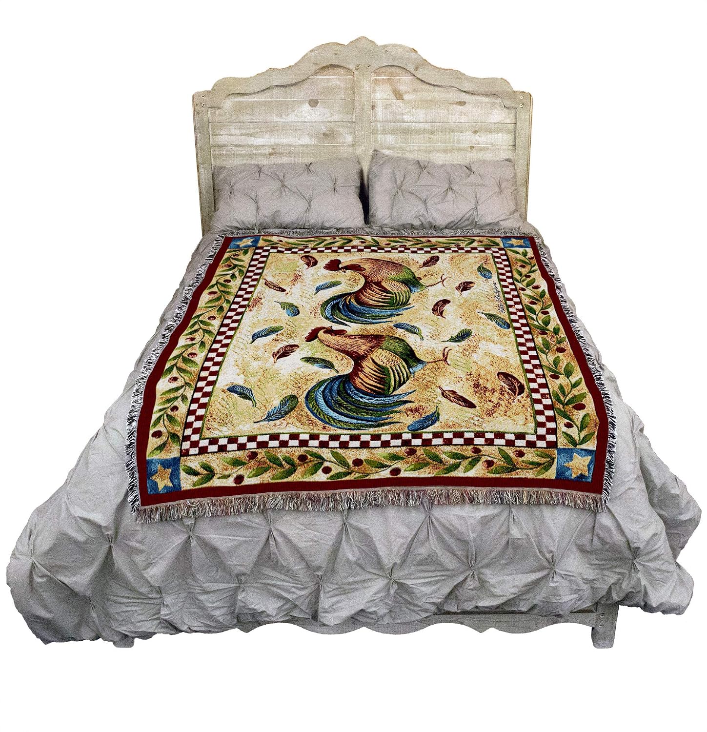 Two French Roosters Blanket by Elena Vladykina - Country Farm Gift Tapestry Throw Woven from Cotton - Made in The USA (72x54)