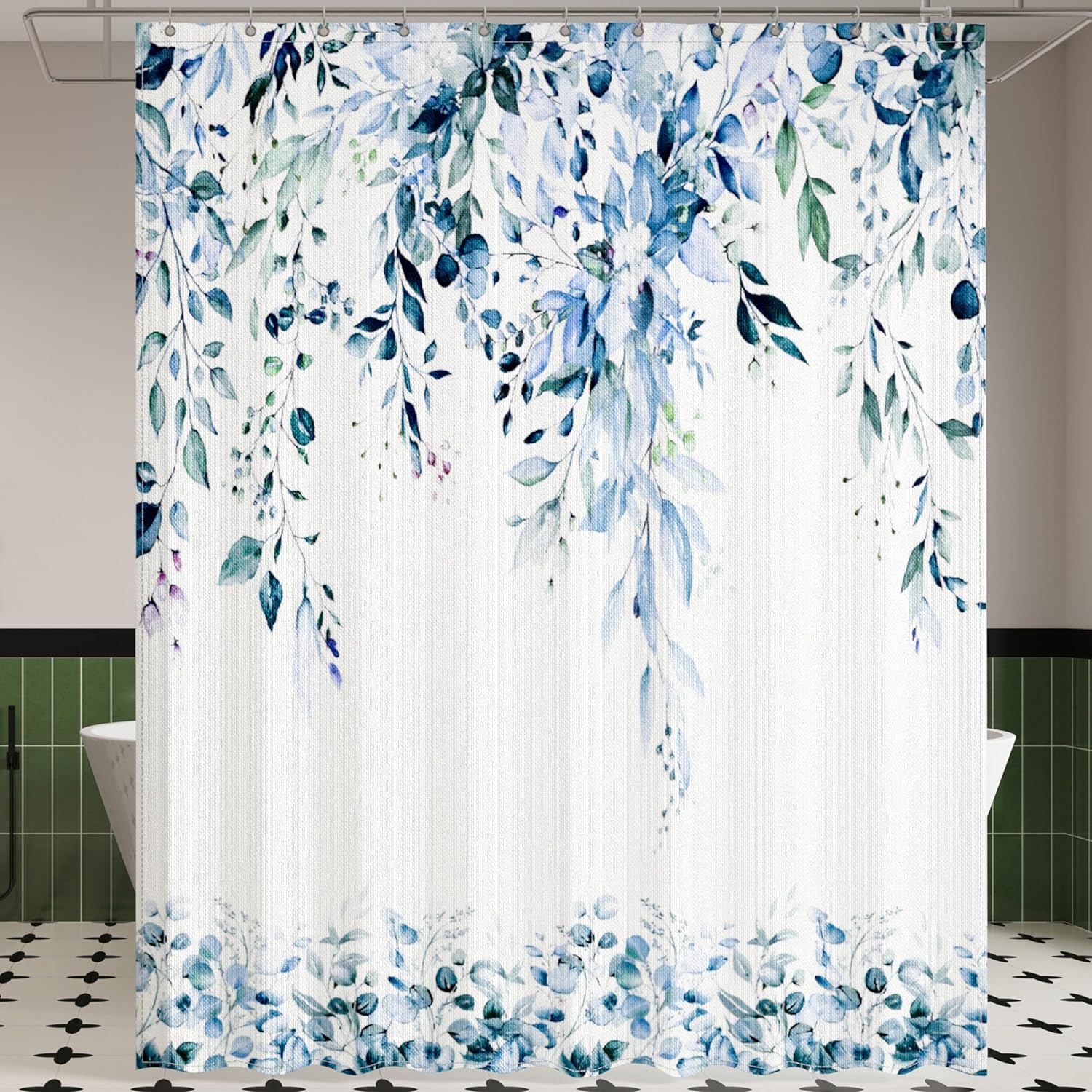Blue Eucalyptus Leaves Shower Curtain for Bathroom:Aesthetic Art Watercolor Plant Shower Curtains Sets with Hooks,Waterproof Fabric Decor 72x78 inches.