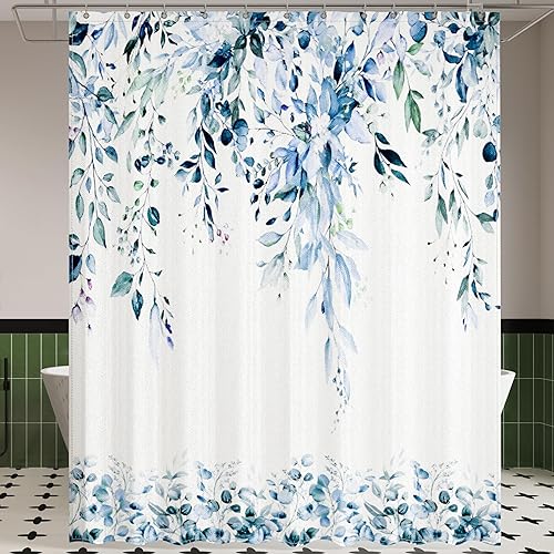 Miniatura 7 de Cortina de ducha de hojas de eucalipto azules para baño juego de cortinas de ducha con acuarela de arte estético con ganchos, tela de poliéster
