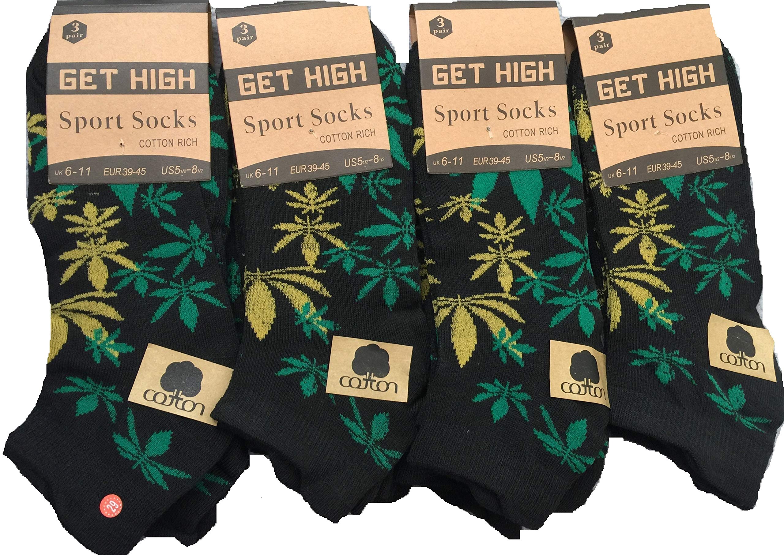 Qz Fashion Men's Multicoloured 6 Pairs Ganja Weed Leaf Ankle Line Trainer Socks Sport Socks Size 6-11