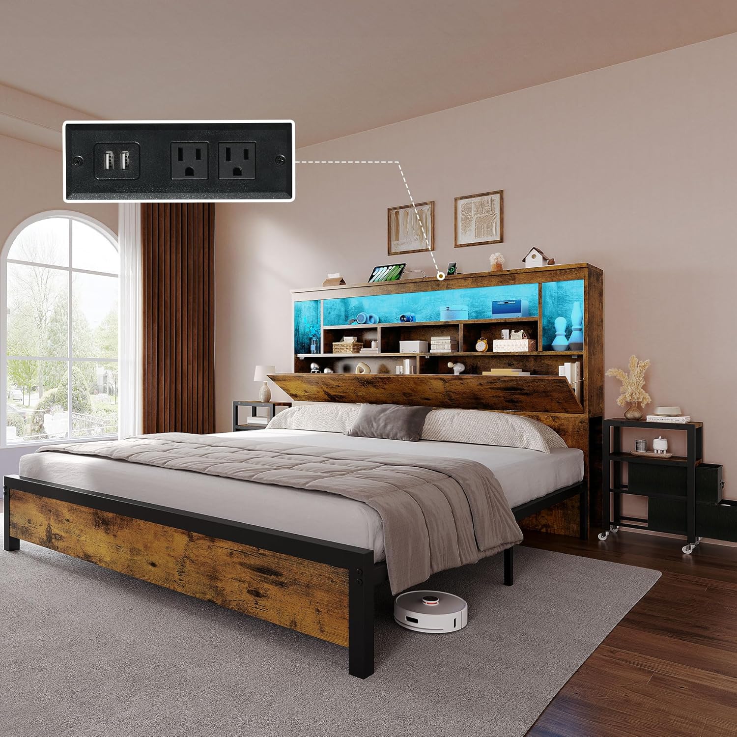 DWVO Queen Size Bed Frame with Storage Bookcase Headboard & RGB LED Lights, Slide Out Bedside Storage, Charging Station, Heavy Duty Metal Slats, No Box Spring Needed, Noise-Free, Rustic Brown