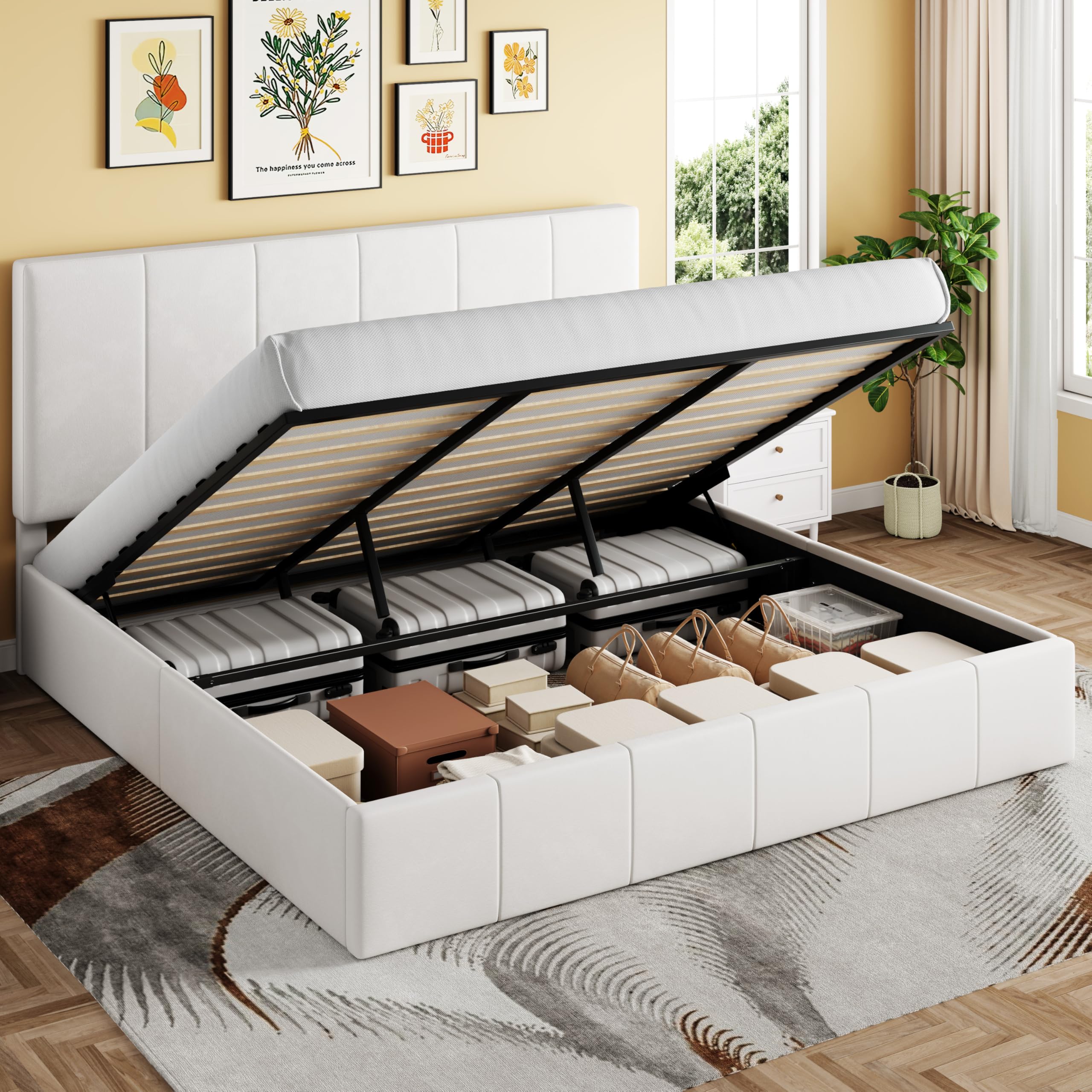 SHA CERLIN King Size Lift Up Storage Bed Frame, Adjustable Headboard, Hydraulic Support, Velvet Upholstered, Easy Installation, No Box Spring Needed,