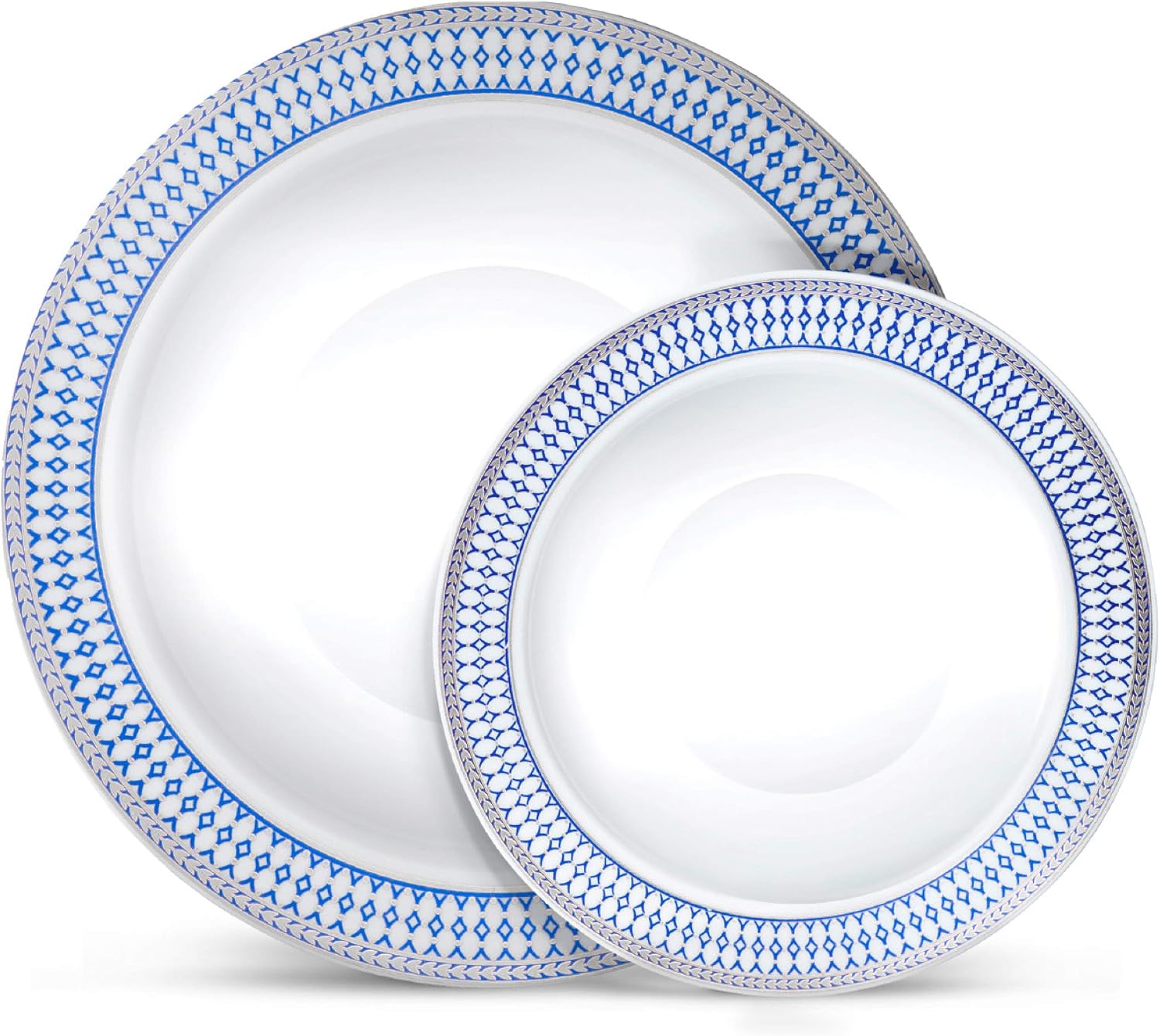 Laura Stein Designer Dinnerware Set | 64 Disposable Plastic Party Bowls | White Wedding Bowl with Blue Rim & Silver Accents | Set Includes 32 x 12 oz Soup Bowls + 32 x 5 oz Dessert Bowls | Midnight Bl