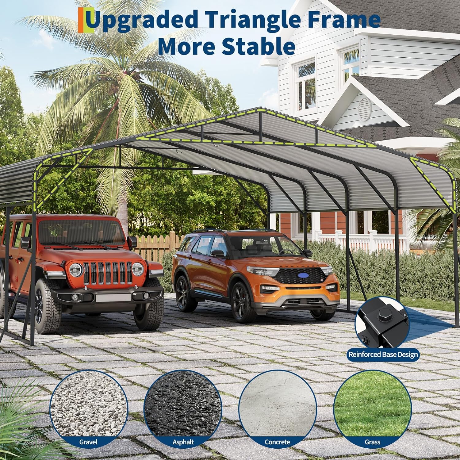 Garvee 20X20 ft Metal Carport, Garage Shelter Shade, Outdoor Car Port Canopy with Reinforced Base & Galvanized Steel Roof