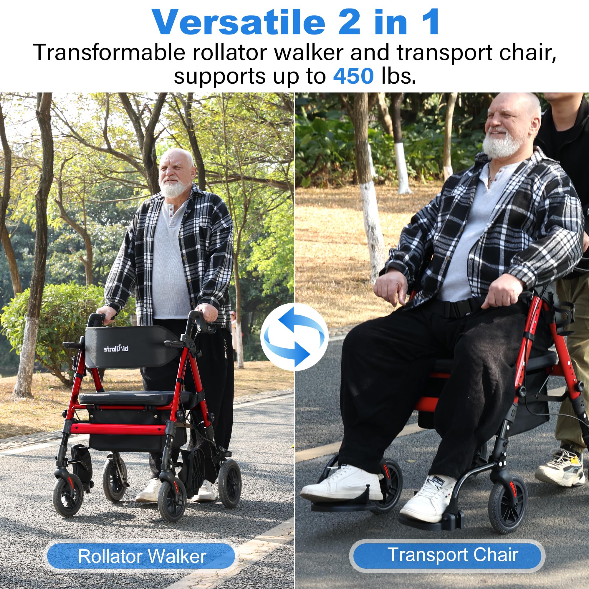 Heavy Duty Walkers for Seniors 2 in 1 Rollator Wheelchair Combo | 450 lb Capacity 10 All-Terrain Wheels Adjustable Seat & Handle Foldable Transport Chair with Seat Red product thumbnail 4