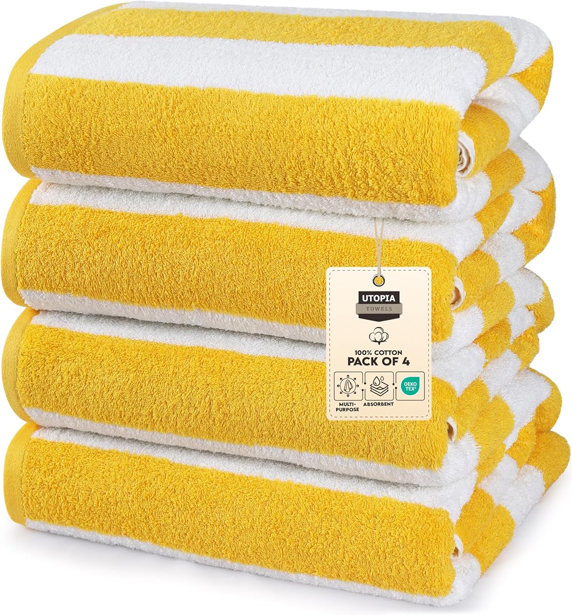 Utopia Towels Toallas de playa Cabana, paquete de 4, 30 x 60 pulgadas, algodón, amarillo rayado | Toallas de playa de algodón hilado en anillos, ligeras y de gran tamaño, para días de piscina y natación, diseño de rayas moderno, suave y de secado rápido