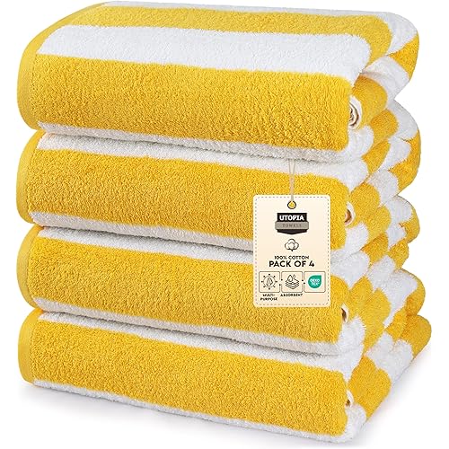 Utopia Towels Pack of 4 Cabana Beach Towels, Oversized 30 x 60 Inches Cotton Beach Towel Set, Smooth Ring Spun Texture for Pool and Swim Days, Modern Striped Design Bath Towels, Yellow