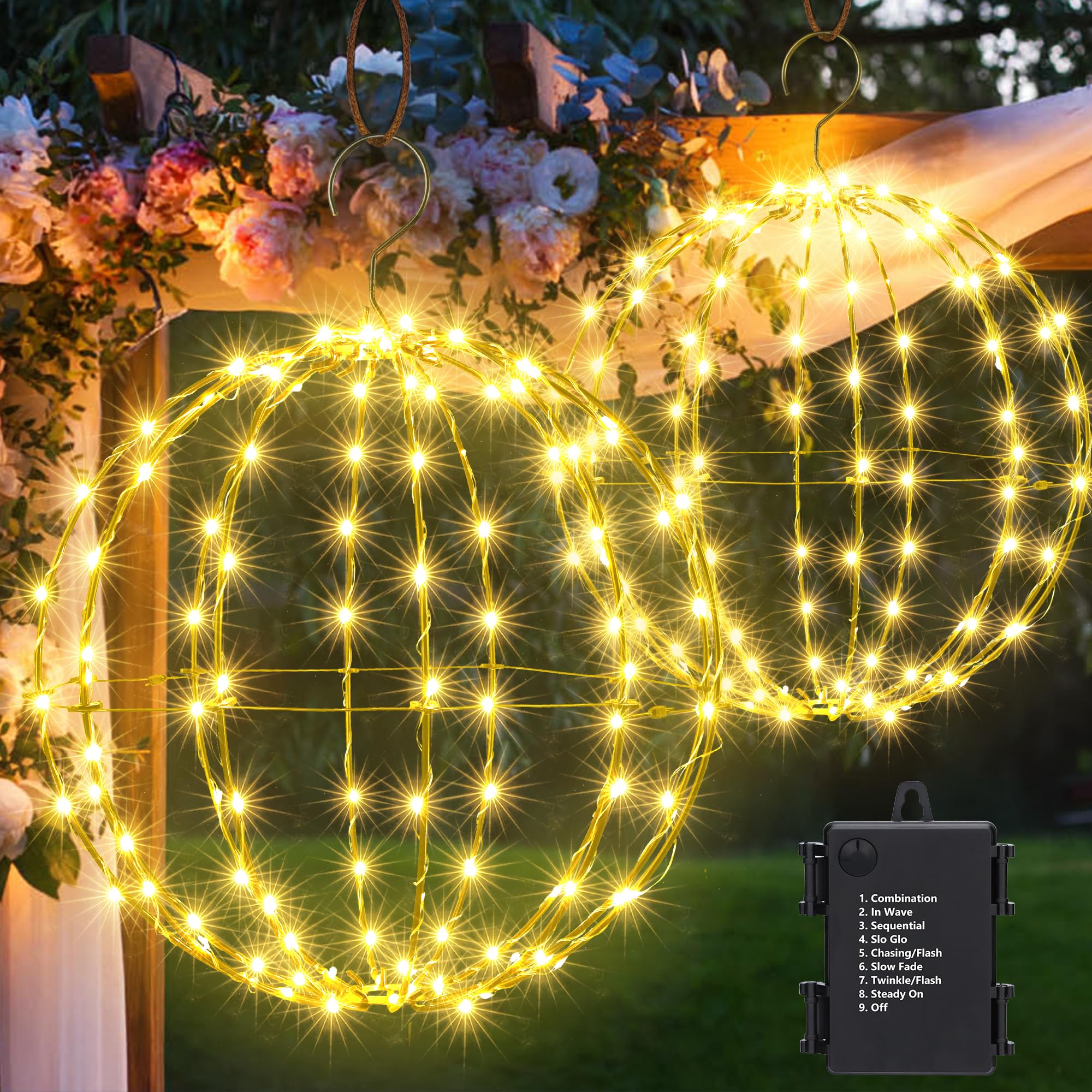 Juego de 2 luces colgantes para exteriores – 2 tamaños, funciona con pilas, luces de Navidad para jardín, luces de bolas impermeables con 8 modos de iluminación, temporizador y función de memoria