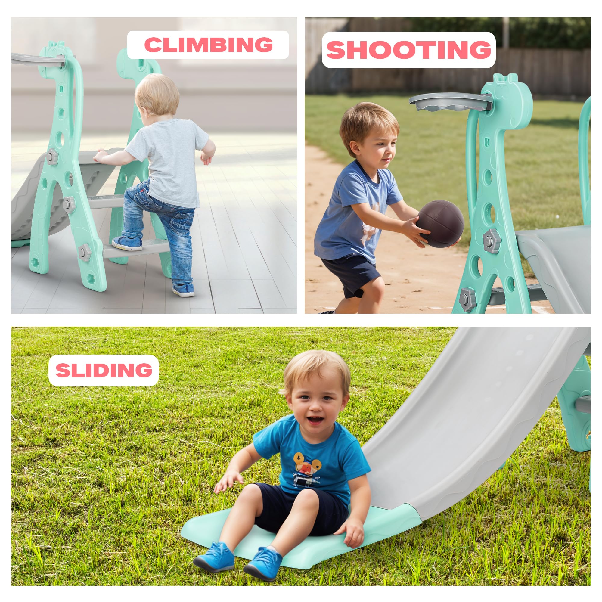 BAYBEE 2 in 1 Baby Slides for Kids,Garden Baby Sliding Toys with Basketball Hook,Indoor Outdoor Play Area Setup with Anti Slip Step & Handrails,Slider for Kids 2 to 5 Years Giraffe),Multicolor 1