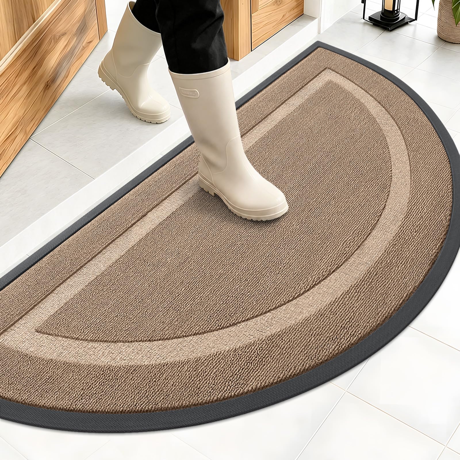 OLANLY Half Circle Front Door Mat Outside 47x23 All-Season Rubber Doormat | Mocha, Absorbent, Heavy-Duty, Stain and Fade Resistant, Waterproof Non-Slip Backing, Low-Profile Indoor Outdoor Entryway Mat