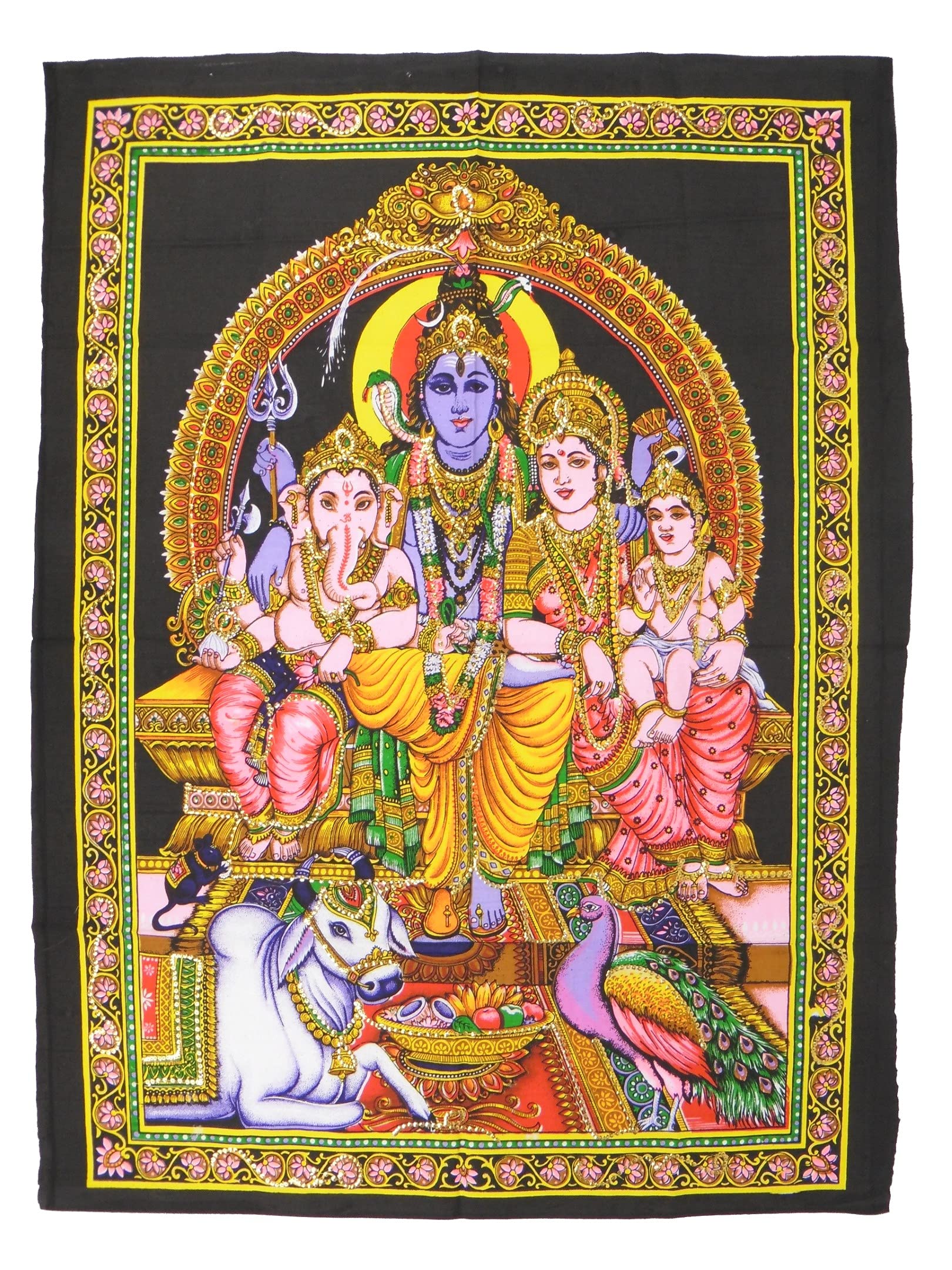 Pilgrims Fair Trade Sequin Cotton Shrine Picture Wall Art Hindu God Shiva Family Wall Hanging 80 x 110 cm