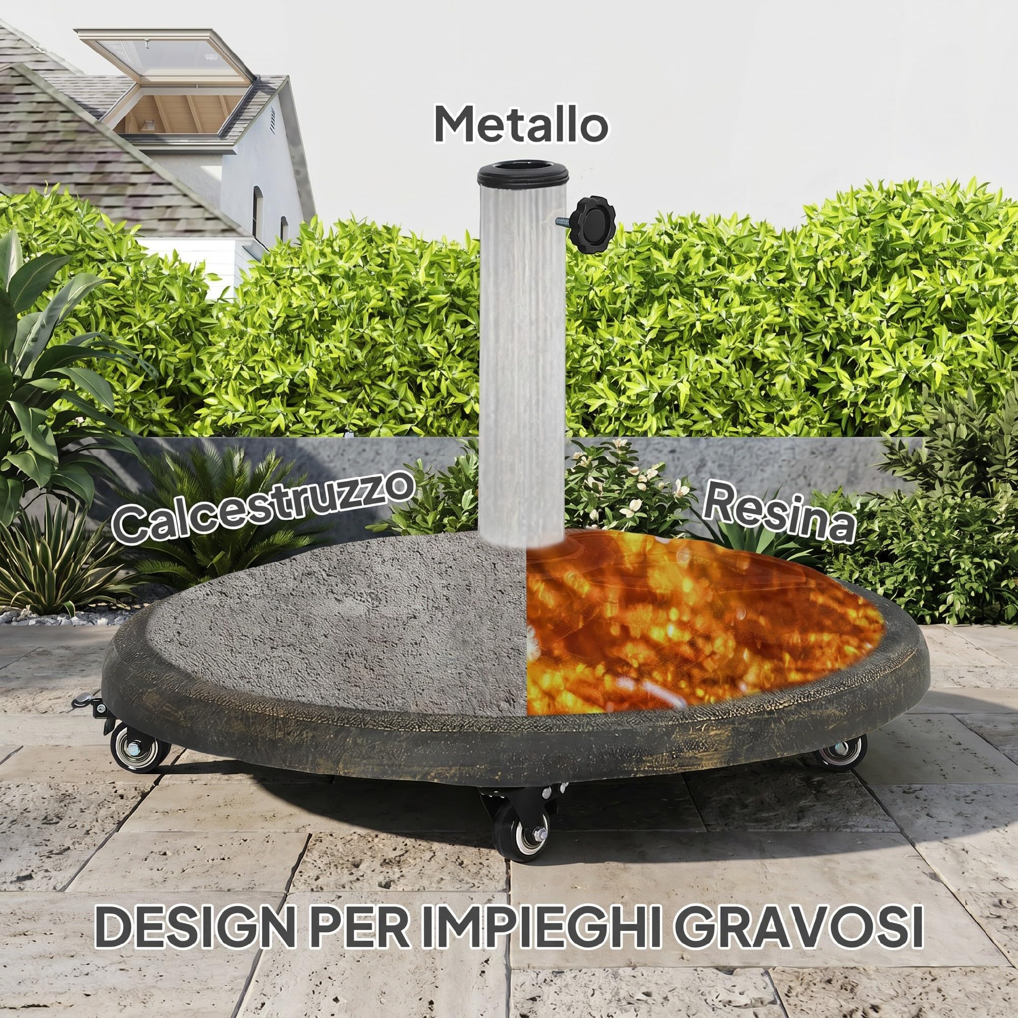 Outsunny Base per Ombrellone Rotonda con Ruote 20 kg 32mm/38mm/48mm Bronzo | Base Ponderata in Resina, Supporto per Ombrelloni, per Esterni, Giardino, Piscina