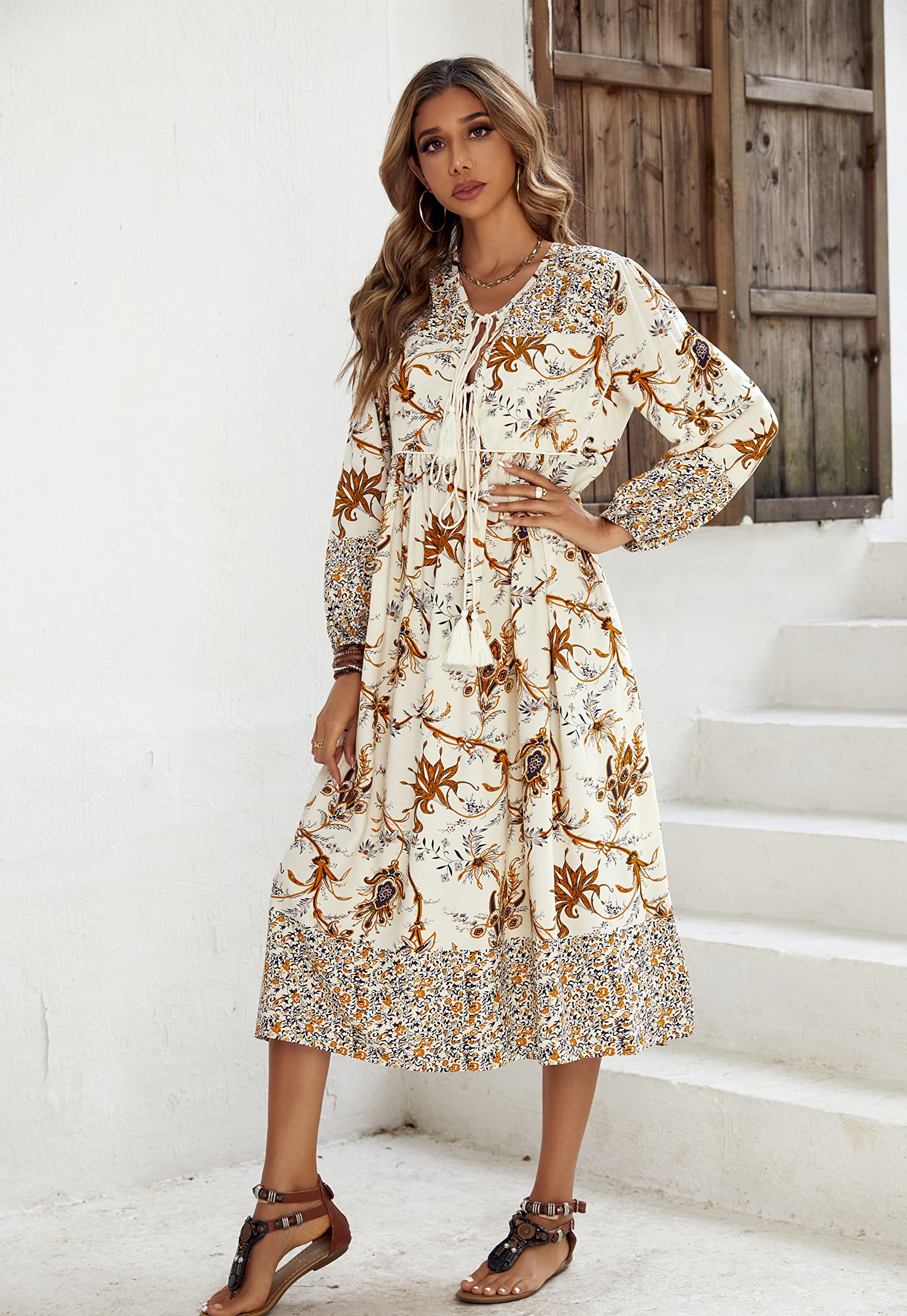 R.Vivimos Femmes Robe de Plage à Manches Longues à imprimé bohème Chic décontracté Robe élégante Midi