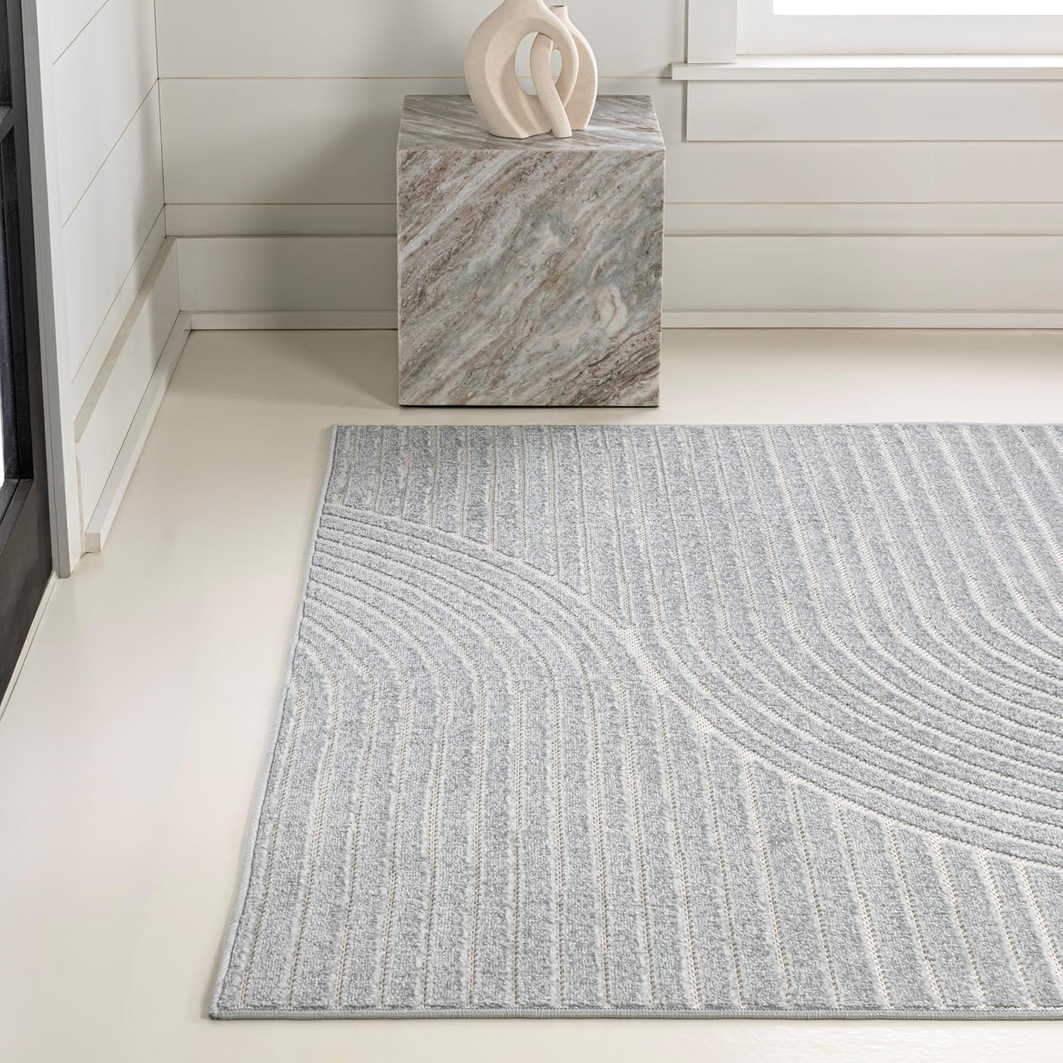 Eyely NCS100E-5 Hallie High-Low Minimalist Curve Geometric Light Blue/Cream 5 ft. x 8 ft. Indoor/Outdoor Area Rug, for Home, Backyard, Patio, Porch, Bedroom, Kitchen, Living Room