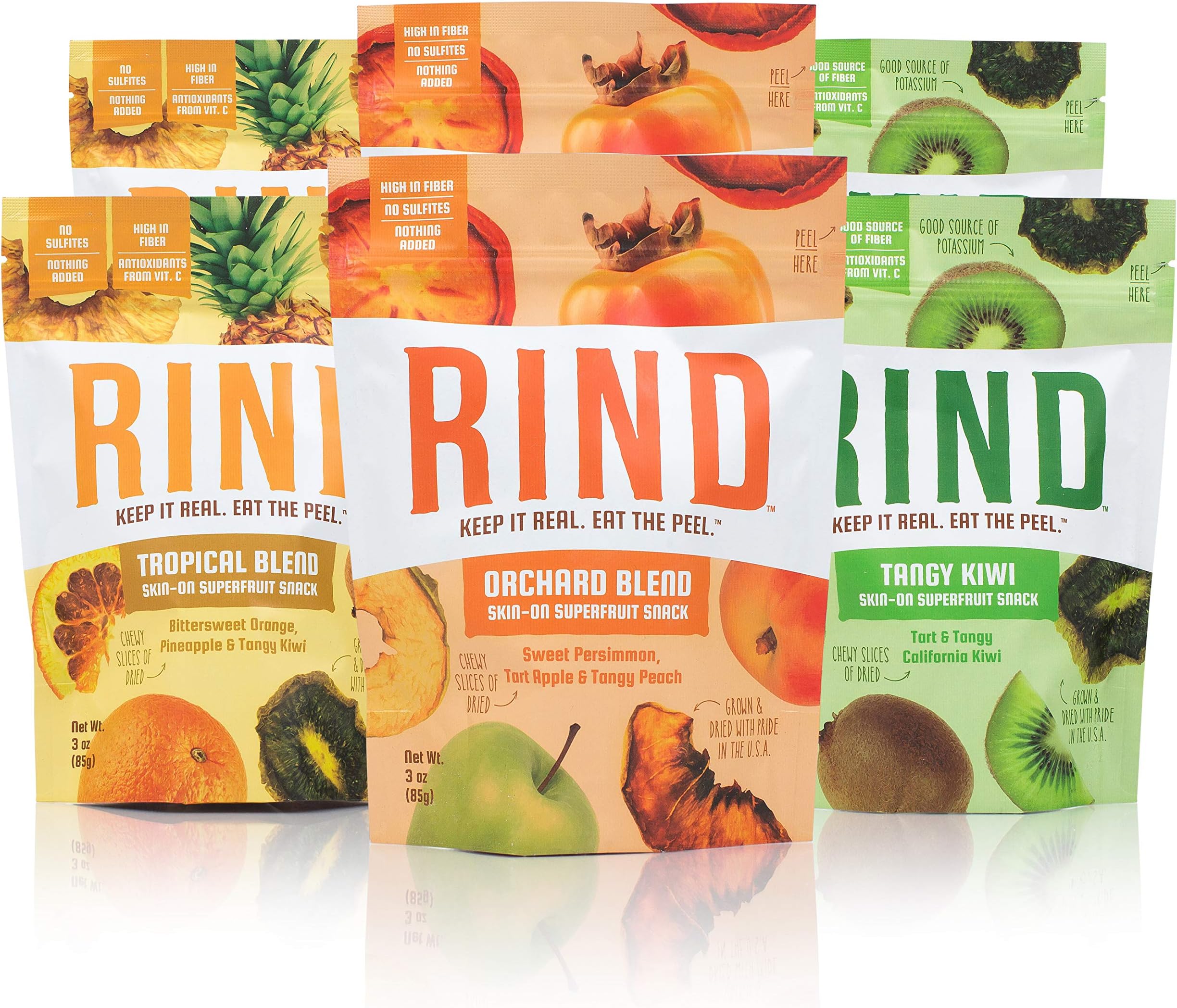 RIND Snacks Sun-Dried Skin-On Superfruit Snack Variety Pack, Tropical Blend, Orchard Blend, and Tangy Kiwi, High Fiber, No Sulfites, Antioxidants from Vitamin C, Gluten-Free, 3oz Pouch, Pack of 6
