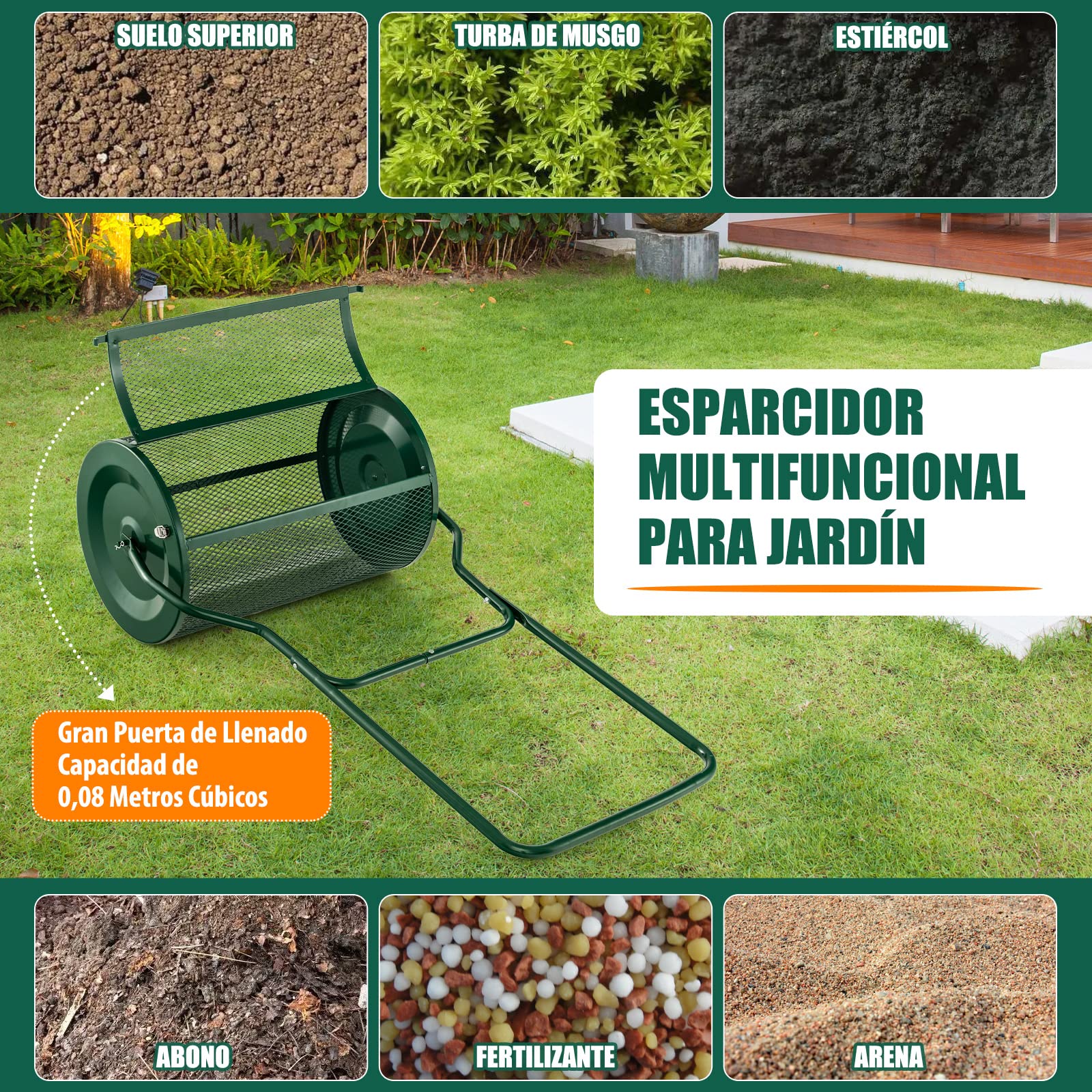 COSTWAY Esparcidor de Compost 75L, Esparcidor de Turba con Mango en Forma de U Mejorado, Cierres Laterales, Rodillo de Malla de Metal Resistente para Fertilización y Siembra (Verde)