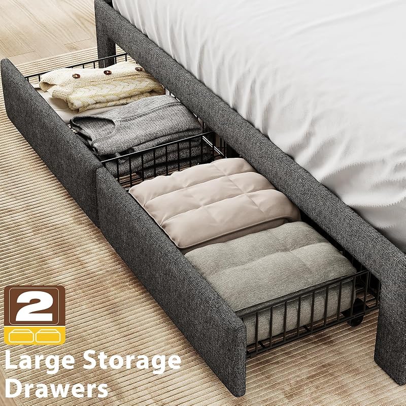 Queen Bed Frame with 2 Storage Drawers and Upholstered Headboard image 5