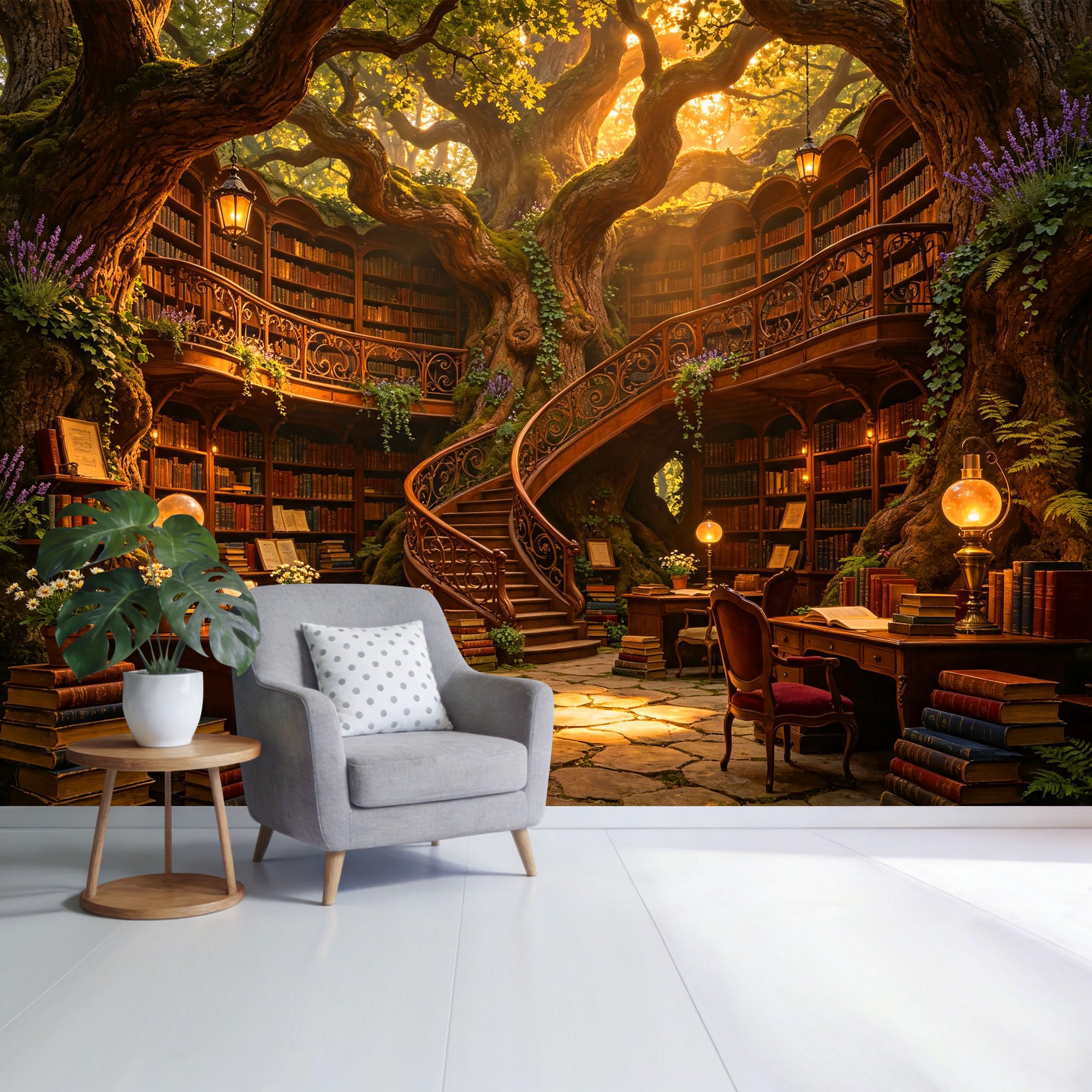 Custom Size Wall Mural Enchanted Forest Library Tree Bookshelf 3D Trompe L'Oeil Removable Self Adhesive Fabric Home Wall Decor for Living Room Bedroom Bathroom