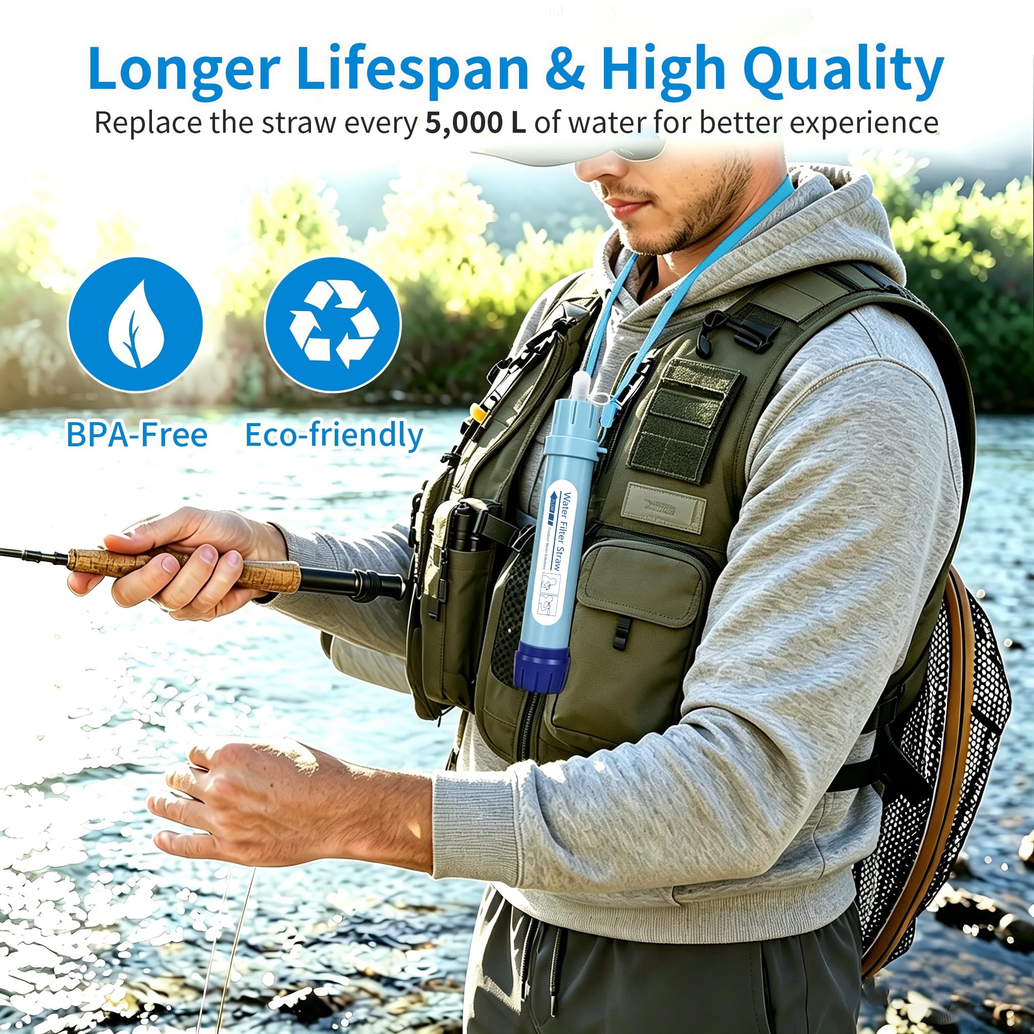 Paille filtrante à eau personnelle, purificateur d'eau portable certifié NSF, sans BPA, équipement de survie pour randonnée, camping, voyage, préparation aux situations d'urgence