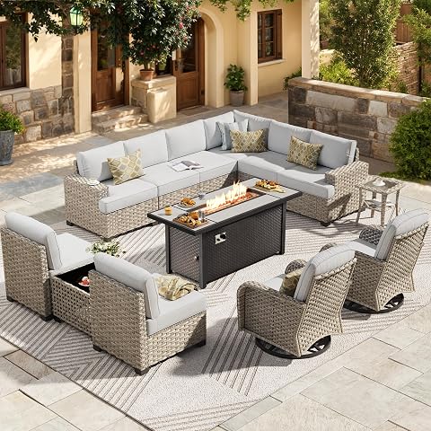 HOOOWOOO Outdoor Sectional Patio Furniture Set with Fire Pit Table, 13 Pieces, W