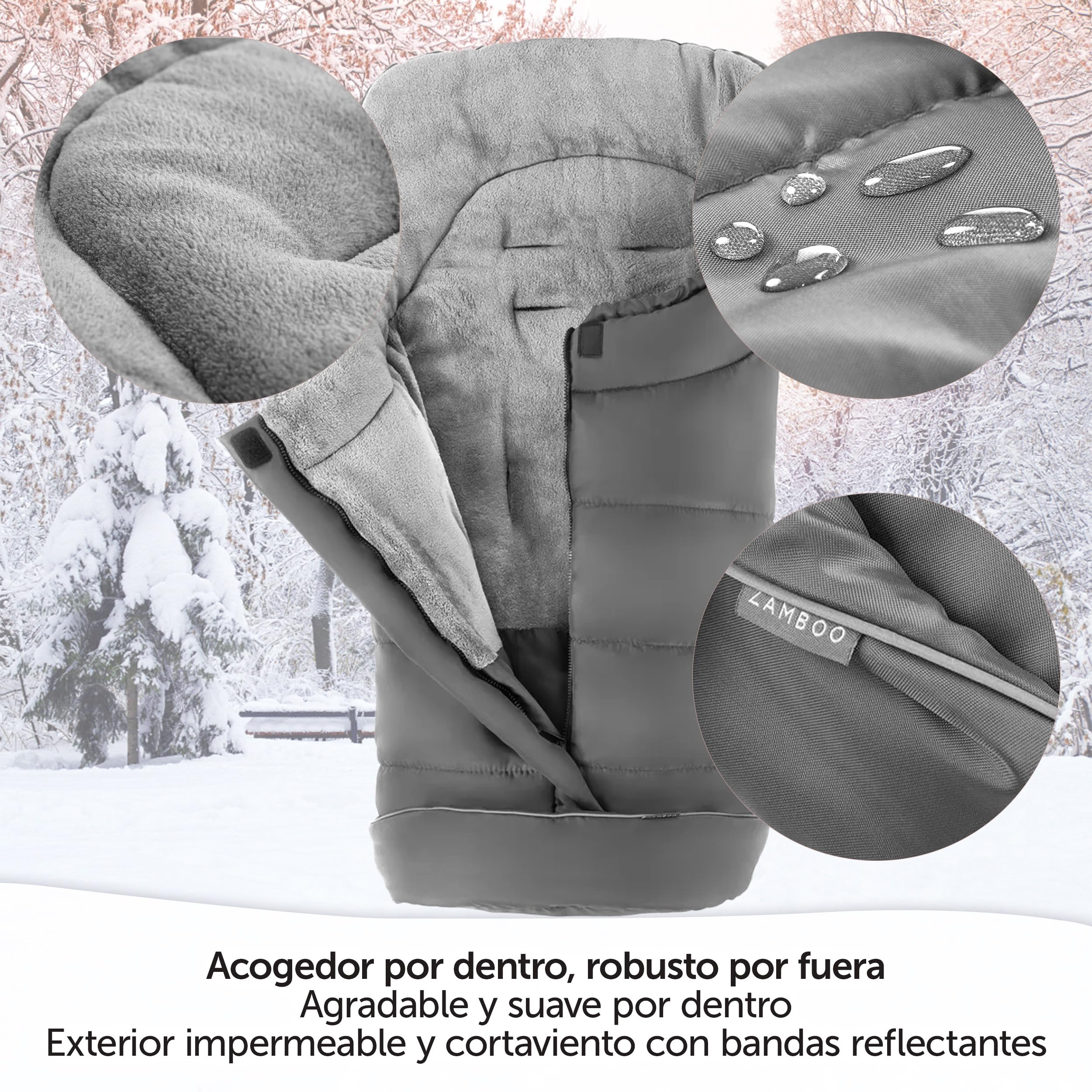 Zamboo Saco Universal para Bebé en Carro o Capazo – Abrigo de Invierno con Forro Polar Térmico - Compatible con Arnés de 3 y 5 Puntos - Reflectores de Seguridad y Bolsa de Transporte – Gris