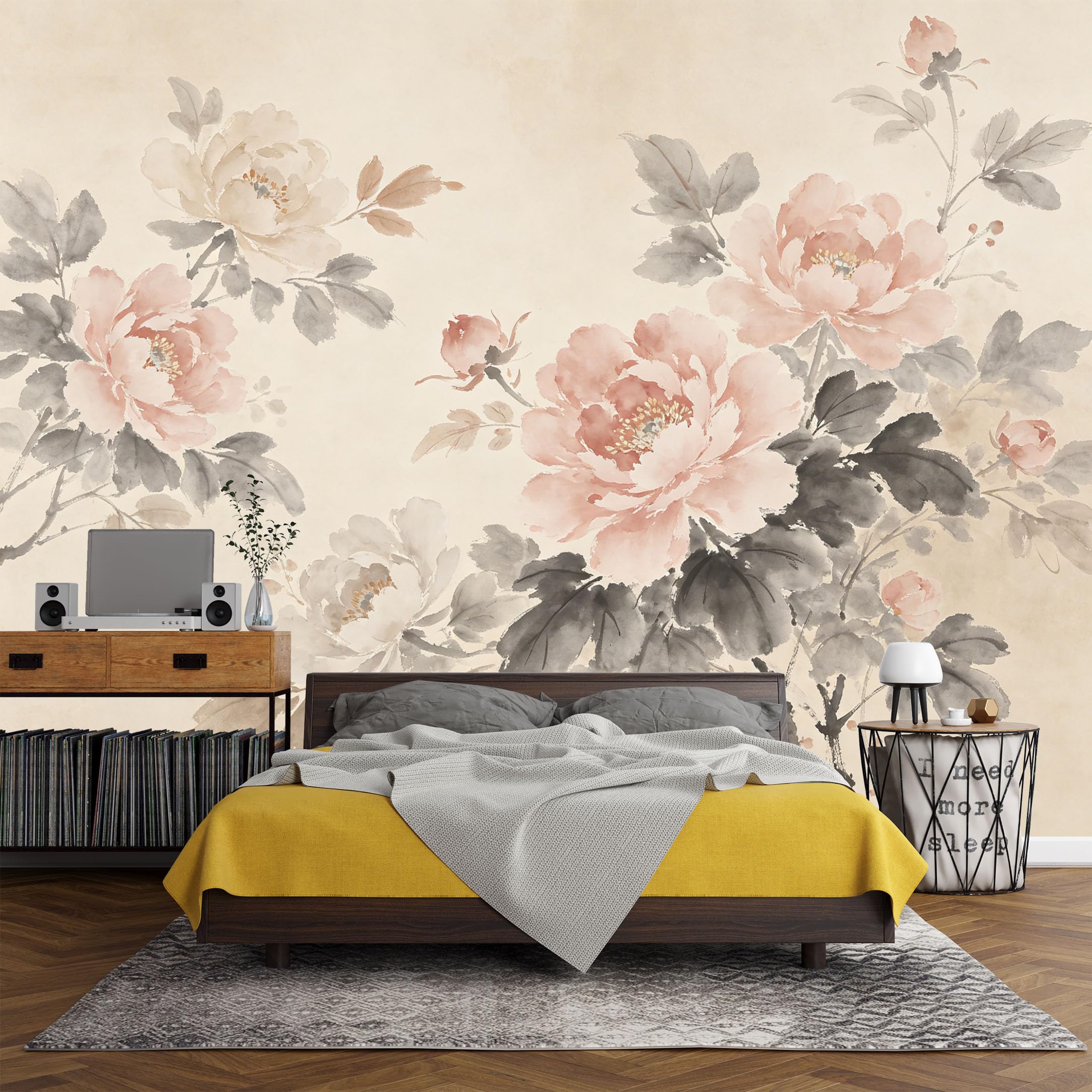 Custom Size Wall Mural Vintage Watercolor Peony Blossom Floral Art Botanical Oriental Ink Wash SelfAdhesive Art Prints wall Fabric(No PVC) Removable Wallpaper Living Room Decor