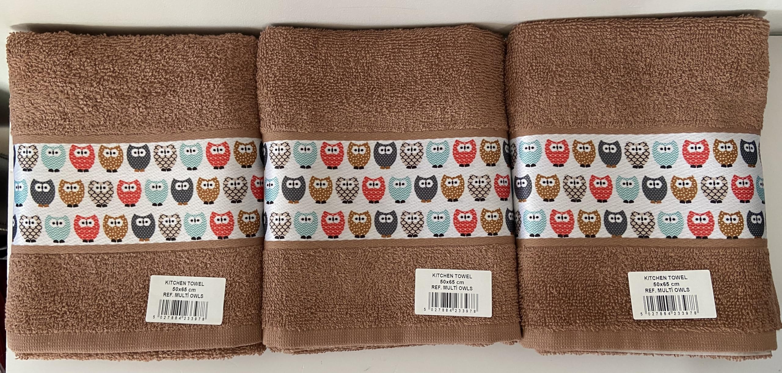 Jansons 100% Cotton Three Pack of Multi Coloured Owls Kitchen Tea Towels in Mocha Mousse 50cm x 65cm