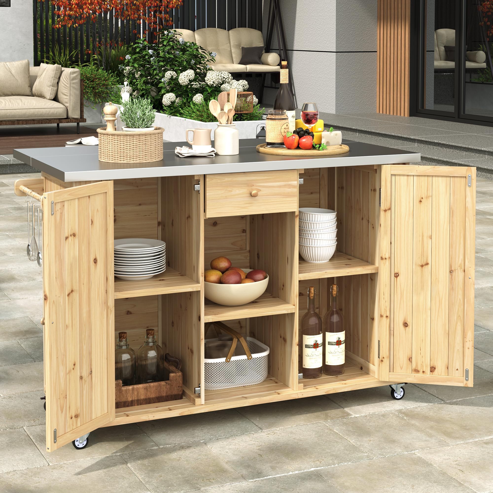 Outdoor Kitchen Island Fir Wood Kitchen Island with Stainless Steel Top,Ample Storage Space, Towel and Spice Racks and a Bottle Opener for Outdoor (Natural Wood@53)