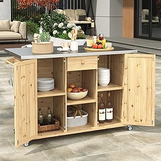Outdoor Kitchen Island Fir Wood Kitchen Island with Stainless Steel Top,...