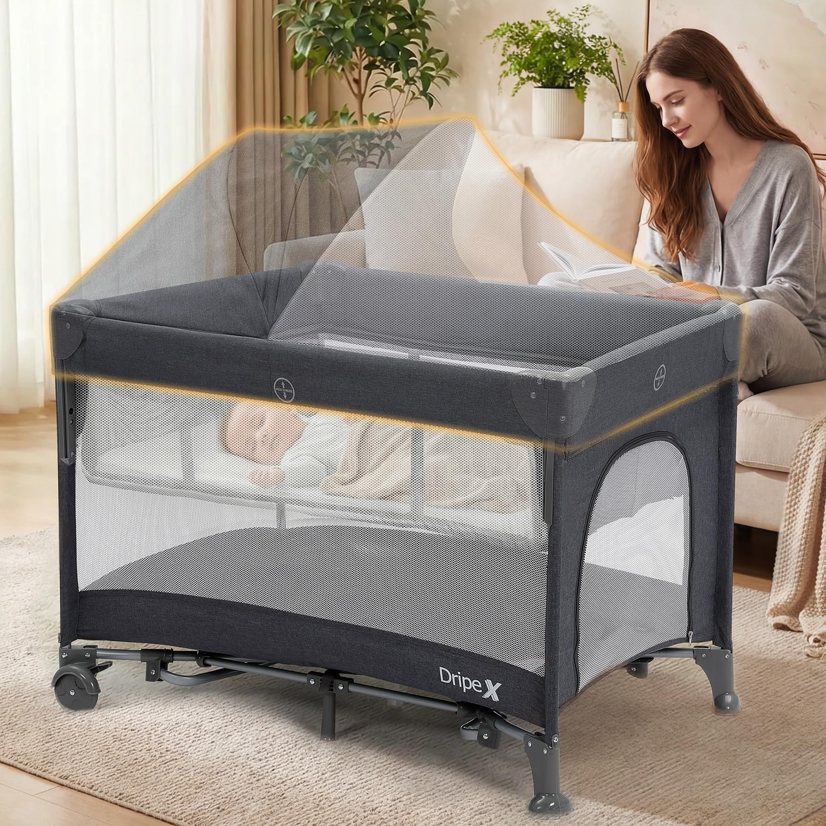 Dripex 5 in 1 Pack n Play with Bassinet, 2-Level Height Bedside Crib, Storage Pocket & Breathable Mesh - Foldable Portable Baby Playard for Newborn to Toddlers (Travel/Home), Dark Grey