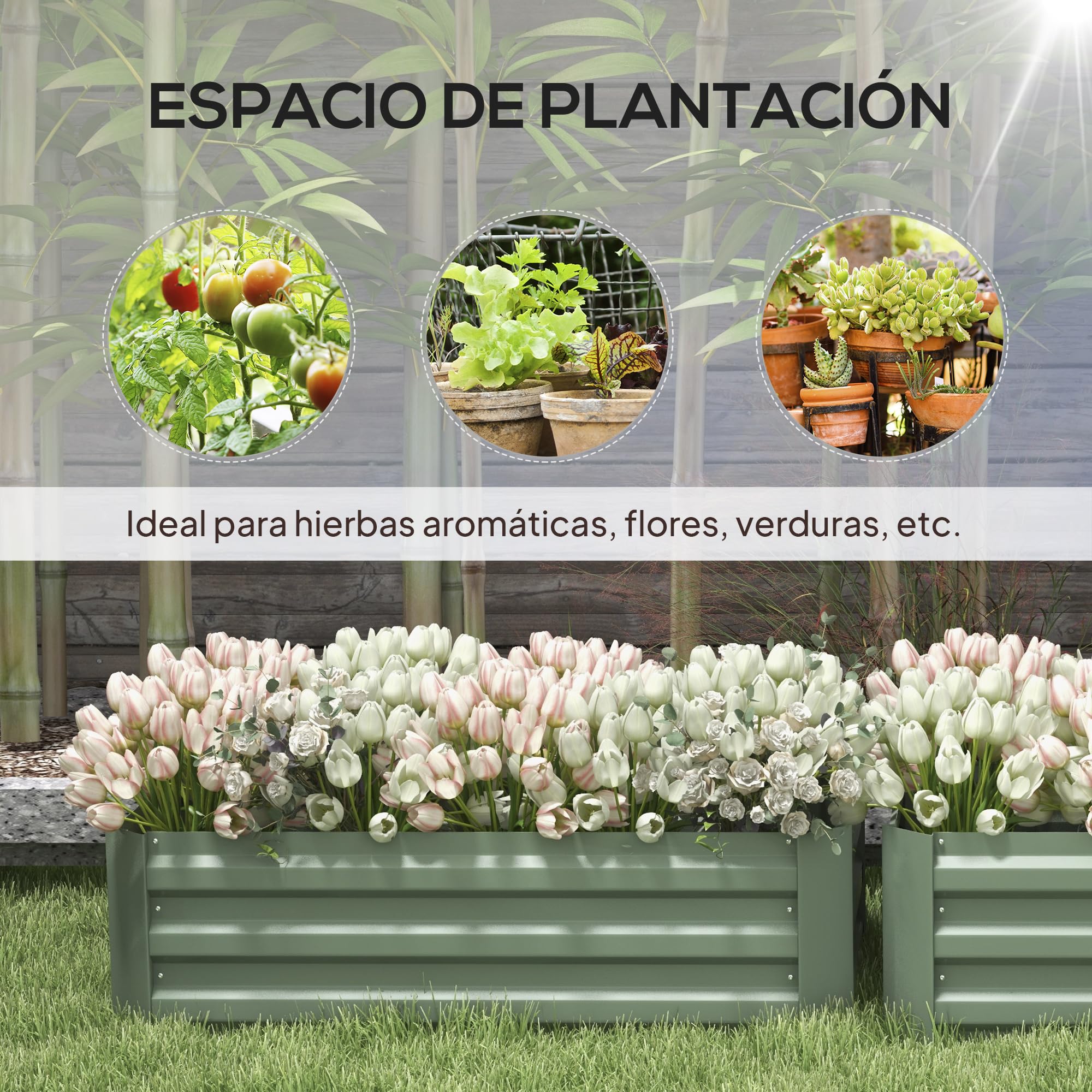 Outsunny 2 Jardineras Exterior Grandes Acero Galvanizado 100x50x30 cm Verde | Huertos Urbanos, Maceteros Exterior Elevados para Plantas, Flores, Terraza, Resistente a la Intemperie