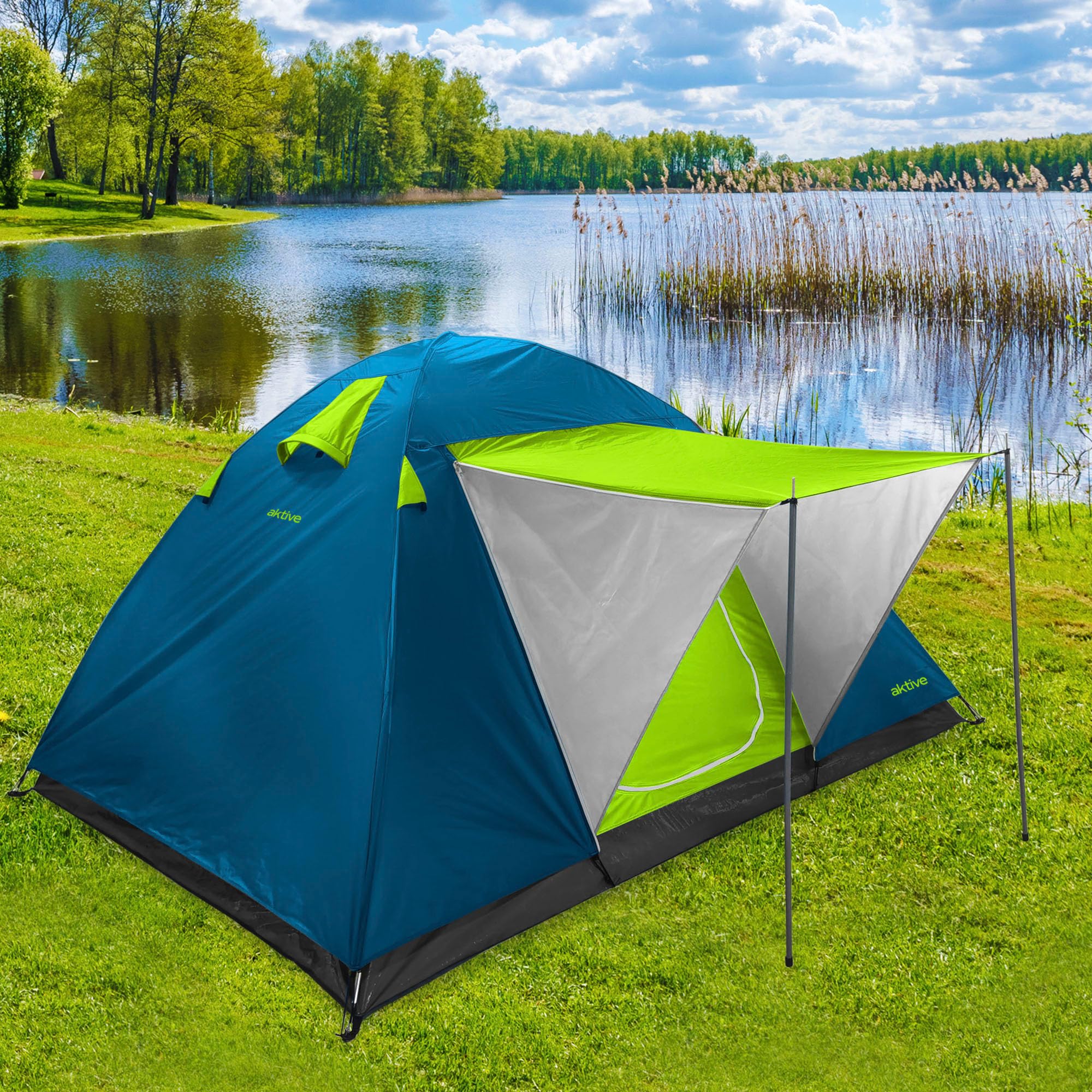 Aktive 52890 namiot 4-osobowy z podwójnym dachem i markizą przednią, wymiary 240x210x130cm, przed deszczem, podwójne drzwi z zamkiem błyskawicznym i moskitierą, namiot kempingowy