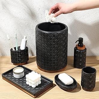 Bathroom Accessories Set 6 Pcs Toothbrush Holder Soap Dispenser Ceramic and Wood Bathroom Set with Trash Can Soap Dispenser Toothbrush Holder Tray Tumbler Soap Dish Black