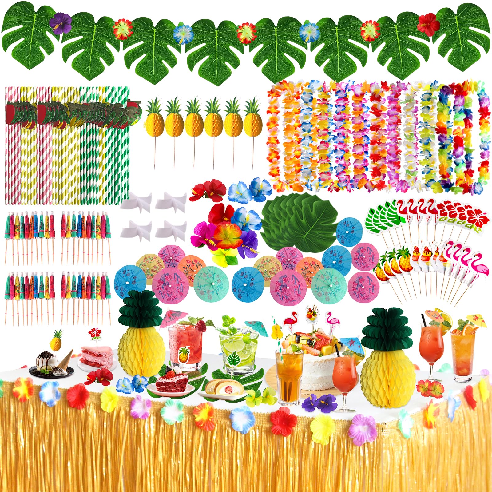 162 Pièces Décorations Hawaïennes Luau – Jupe Table, Feuilles Palmier, Fleurs, Ballons, Parapluies & Pailles Tropicales Pour Fête Été