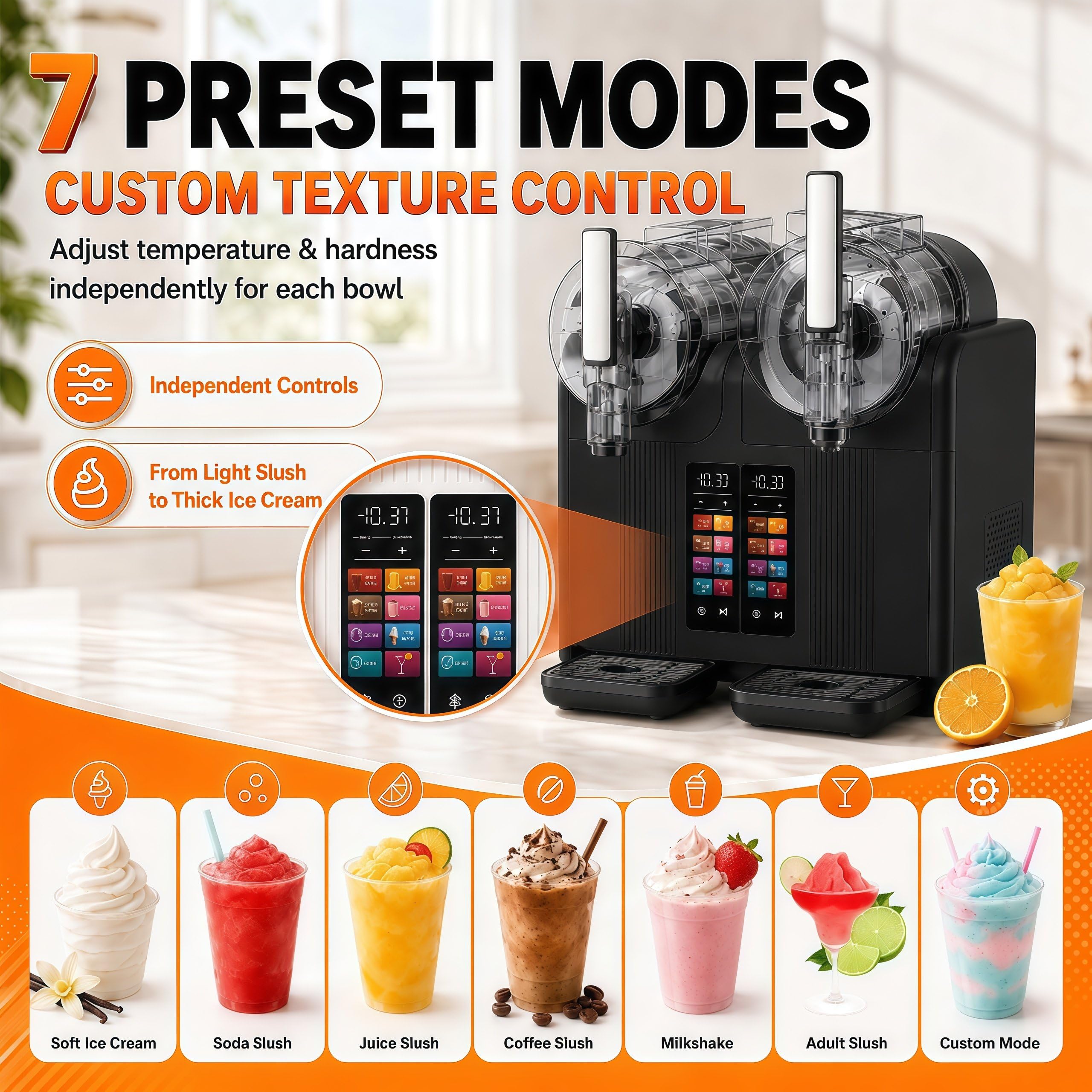 Máquina de Helado Soft y Granizadora Profesional 2 en 1, Máquina de Granizados de 2 Tanques Transparentes con Panel Táctil, Dispensador de Sorbete y Smoothie para Casa y Cafetería Black