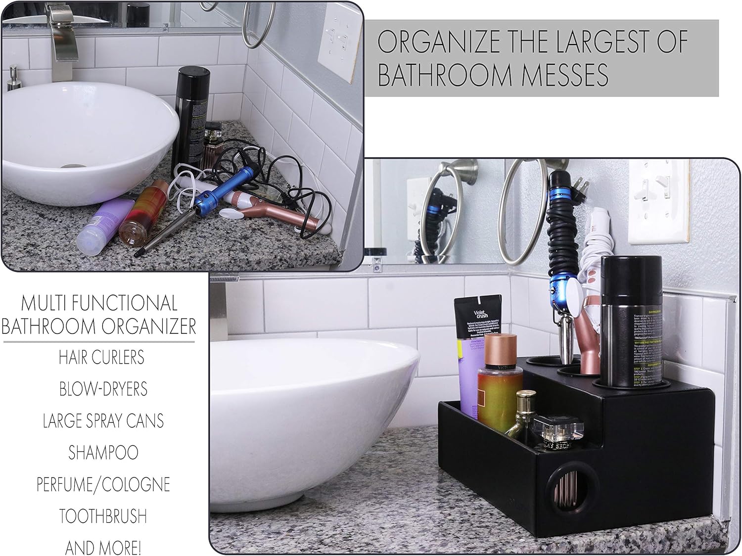 SQUAREBOX Black Hair Tool Organizer - Blow Dryer, Curling Iron, Flat Iron Holder - Hair Styling Tools Accessories Organizer - Vanity Countertop Organizer - Free Travel Bag Gift! (Black) : Home & Kitchen