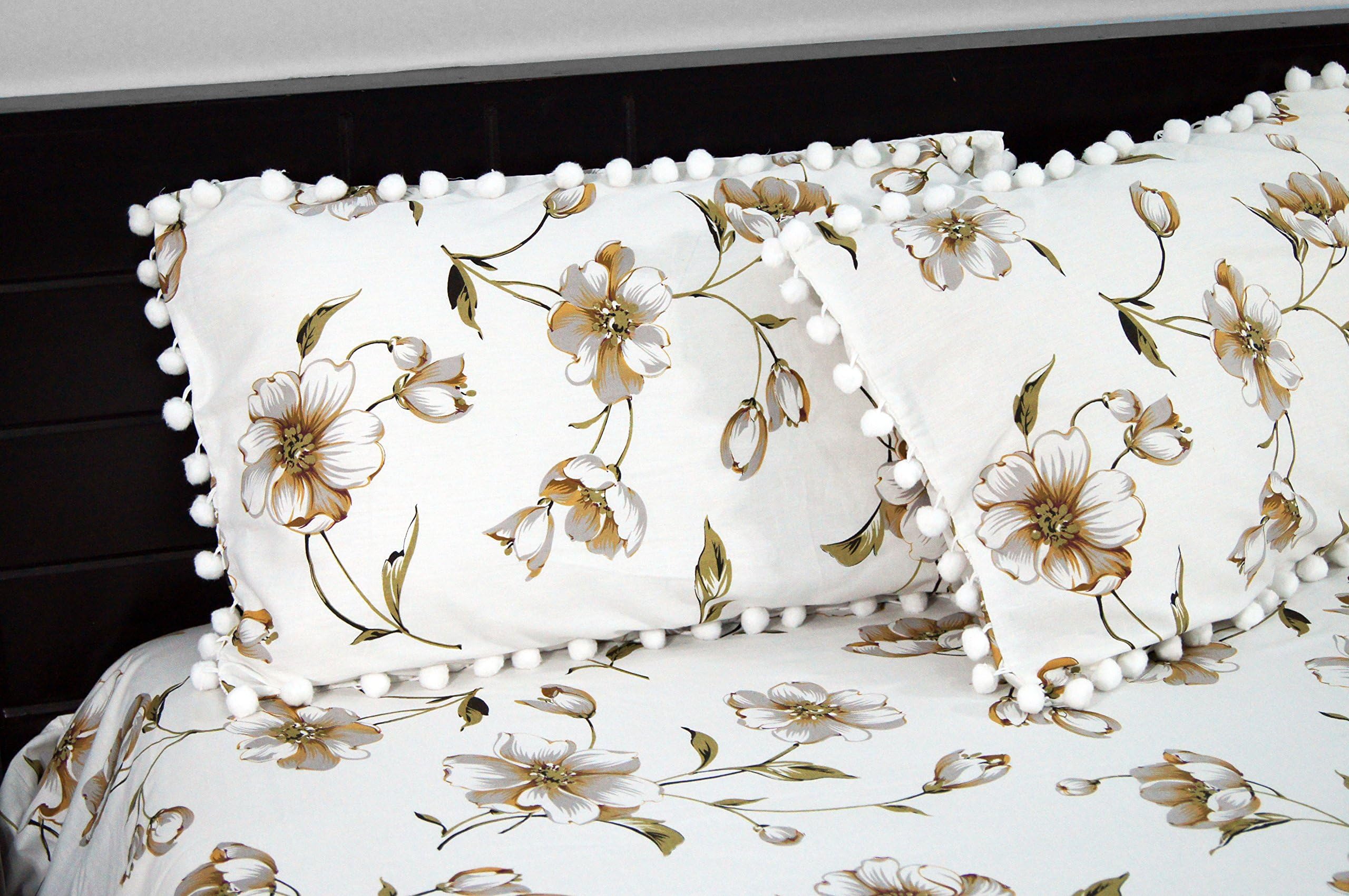 White and Brown Floral with Pom Poms 100% Pure Cotton Luxury Designer Super King bedsheet - 200 TC (Brown Pom)