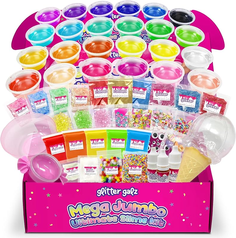 Kit Jumbo Slime, kit de cumpleaños de 75 piezas para niñas de 8 a 12 años | Viene con 36 colores prefabricados y 39 complementos, además de una opción que brilla en la oscuridad que los niños pueden mezclar y combinar.