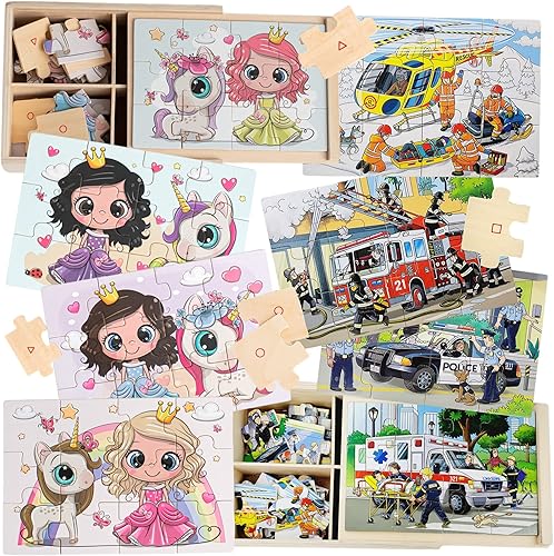 TOYLI Vehículo de emergencia 4 en 1 y unicornio princesa rompecabezas de 48 piezas de camión de madera para niños pequeños con una caja de bomberos