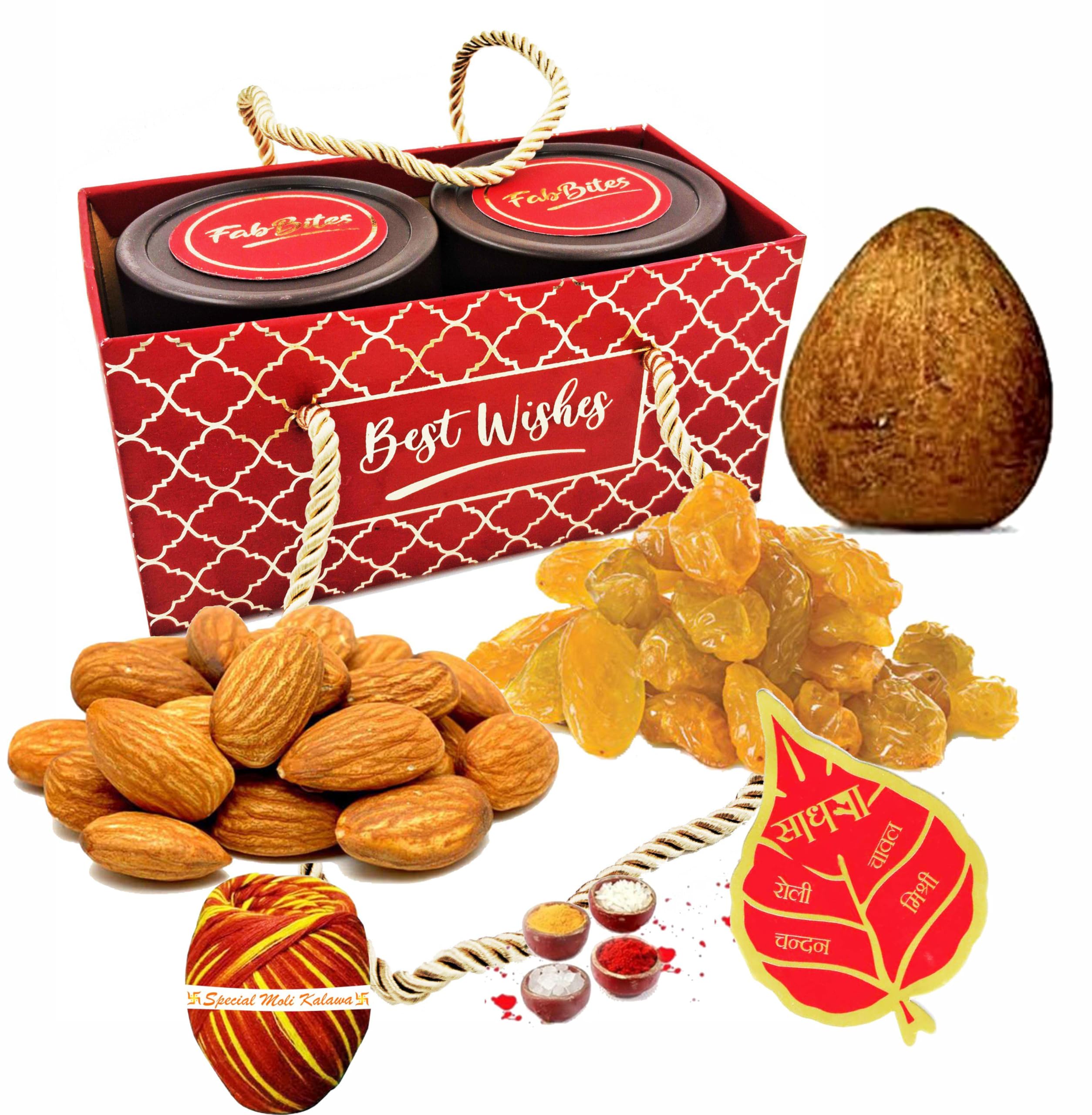 Bhai Dooj Dry Fruit Almond, Raisin Gift Pack with Coconut/Nariyal/Gola Gift Hamper with Tikka/Tika Set for Brother/Bhaiya with Roli,Chawal (B0DHZRCD38) Amazon Price History, Amazon Price Tracker
