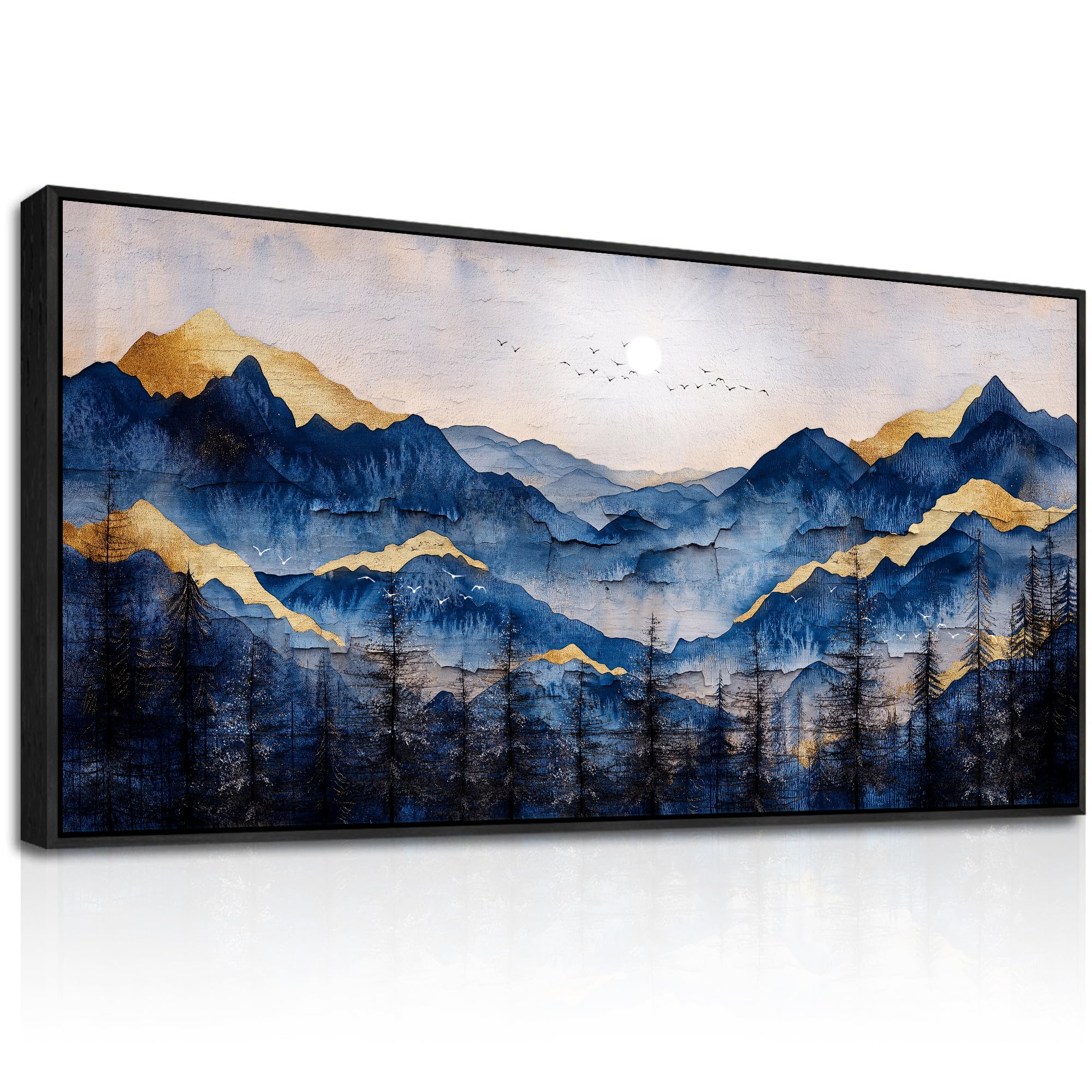 hyidecorart Black Framed Canvas Wall Art for Living Room Large, 23"x47" XXL Blue Golden Mountains Bedroom Decor Aesthetic, Modern Paintings Artwork Wall Decorations for Office Bathroom Hallway