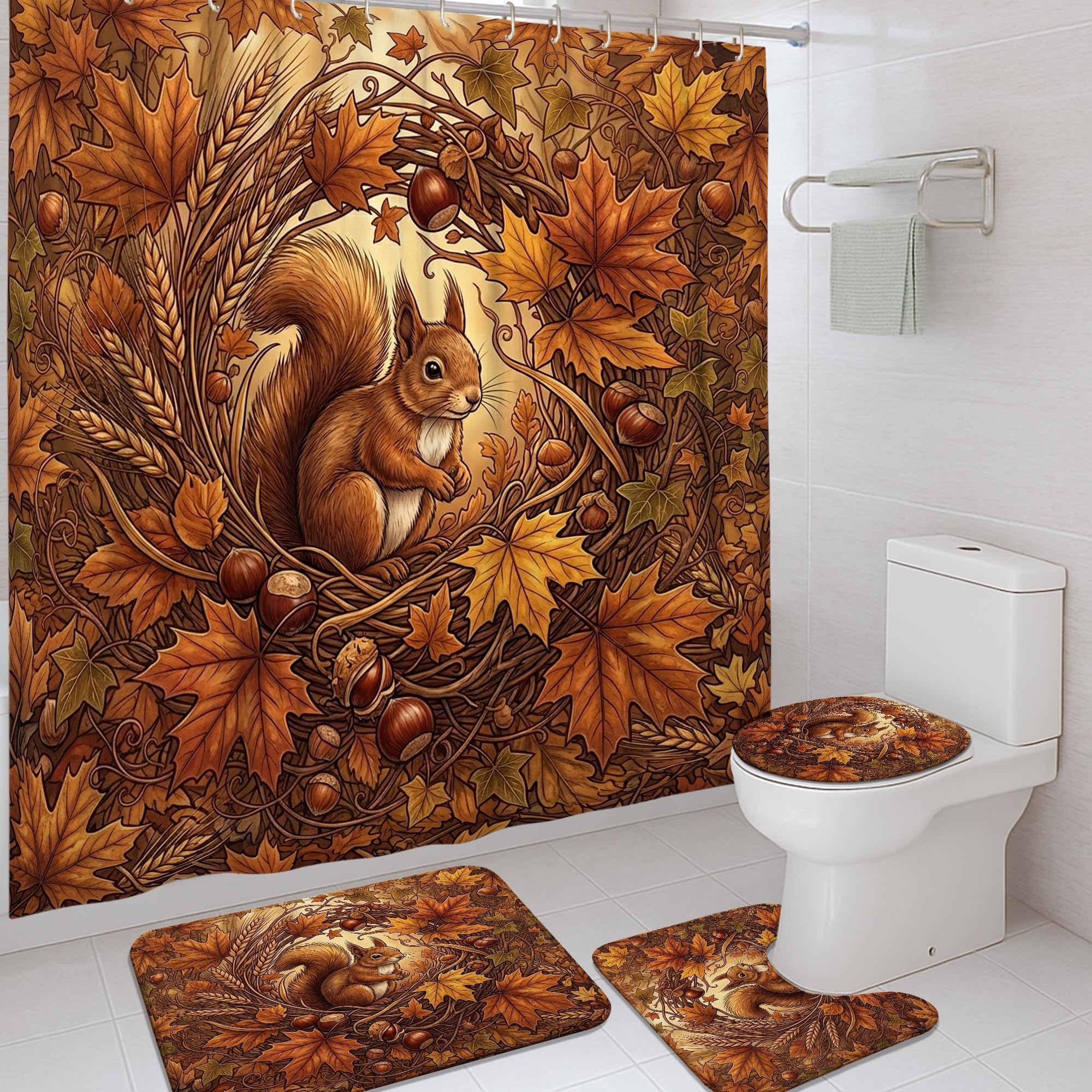 Rideau de douche tissu imperméable marron avec tapis 183cm