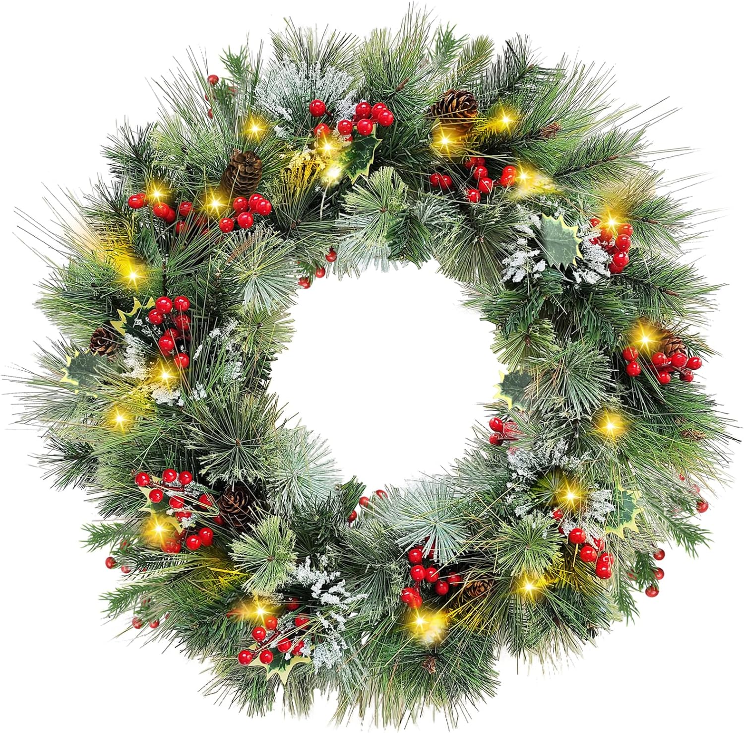 Winter Spring Wreaths Decorations for Front Door, 24 Inch Pre-Lit Artificial Green Wreath with Lights, All Seasons Indoor Outdoor Farmhouse Festival Home Decor, Christmas Berry Wreath