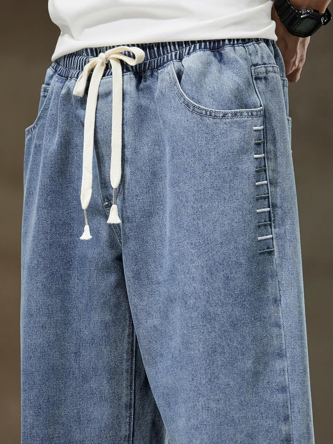Men's Regular Fit Straight Leg Baggy Jeans Drawstring Elastic Waist Loose Fit Y2K Denim Pants with Pockets - Image 5