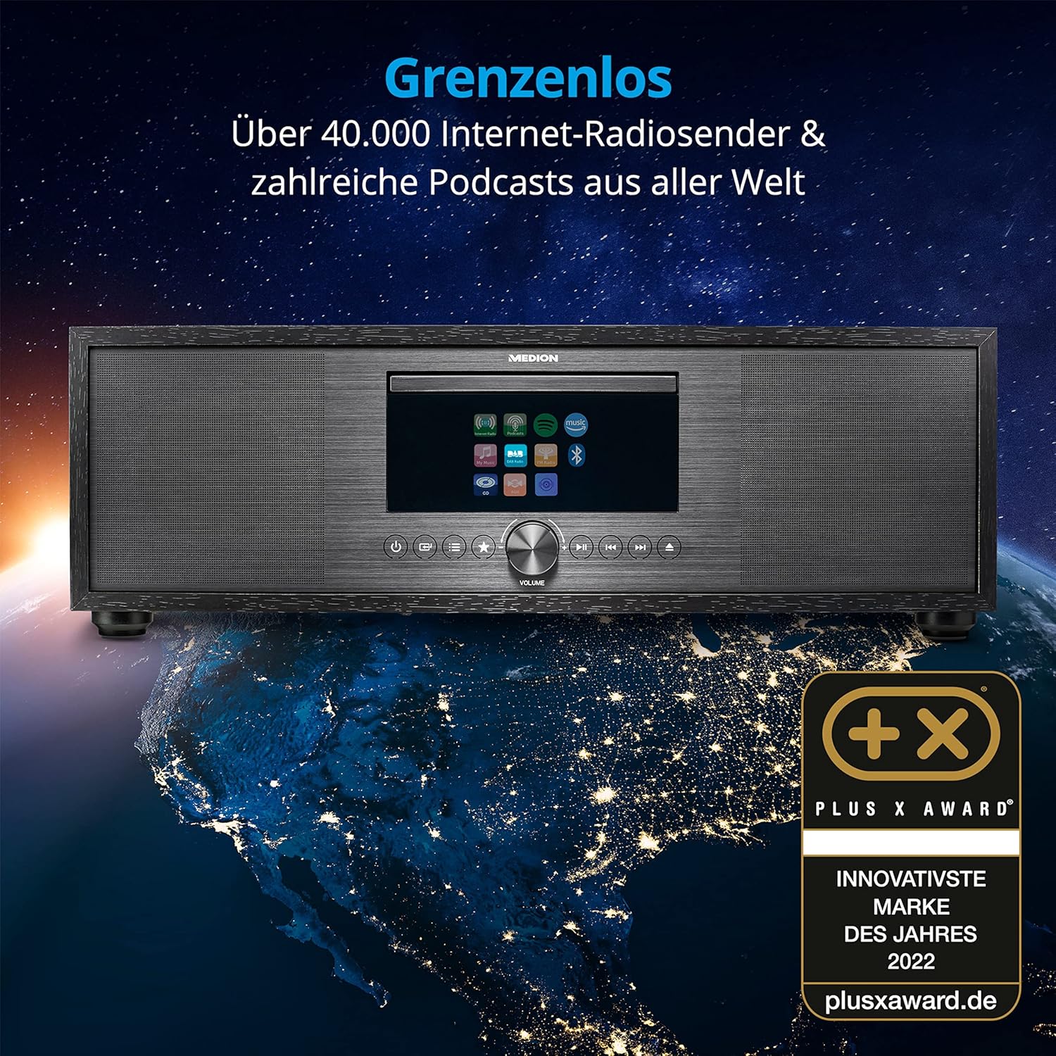 The MEDION P66400 system displaying its internet radio capabilities, offering access to over 40,000 stations and podcasts worldwide.