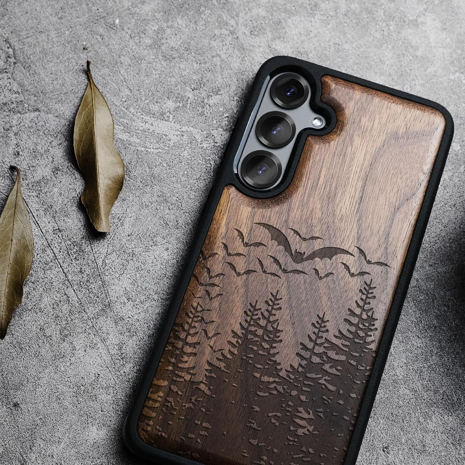Carveit Magnetic Wooden Case for Galaxy S25+ Samsung S25 Plus Case, TPU Shockproof Cover & Wood Engraved, Compatible with MagSafe Wireless Chargers (Bats Over The Forest) Walnut
