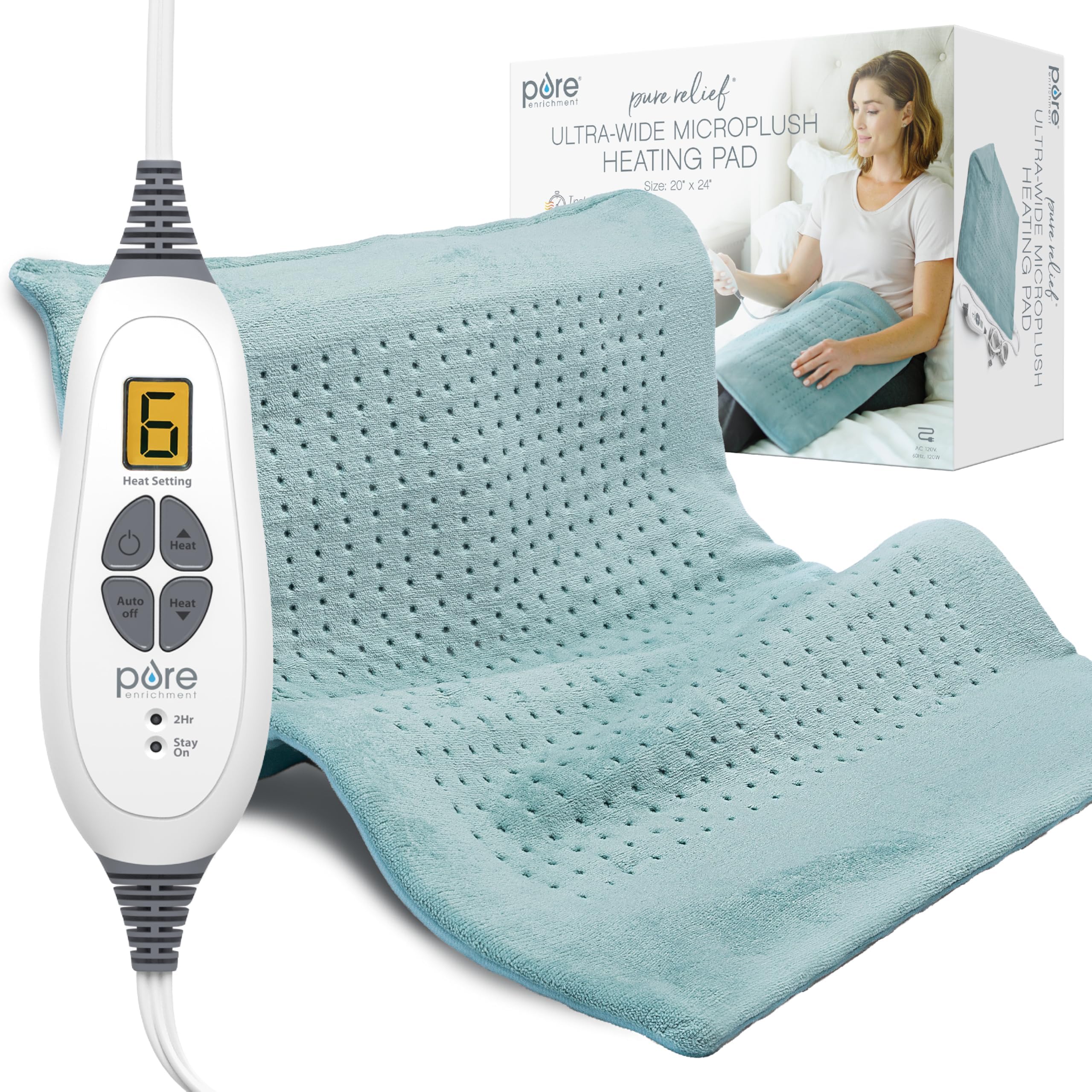 Almohadilla térmica ultra ancha de microfelpa PureRelief de Pure Enrichment, 20 x 24, tamaño XXL, 6 configuraciones de calor para alivio temporal del dolor de cuello, hombros y espalda, opción de calor húmedo, lavable a máquina, color vidrio marino